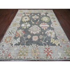 8'x9'9" Charcoal Gray Afghan Angora Oushak Leaf Design Hand Knotted Wool Rug