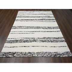 8'x9'9" Dark Brown, Ivory Striae Design Undyed Wool Hand Knotted Oriental Rug