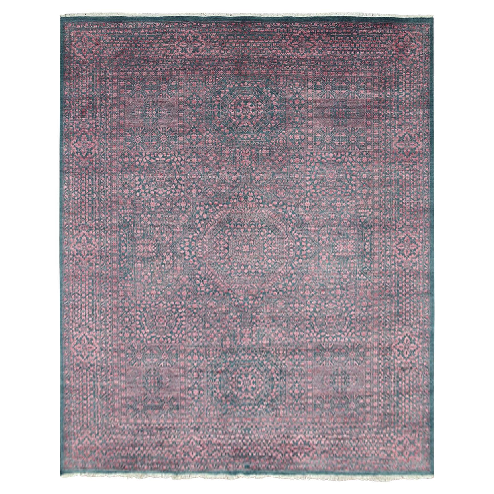 8'x9'9" Dunkelgrüner handgeknüpfter Teppich aus Wolle und Seide mit Mamluk-Design