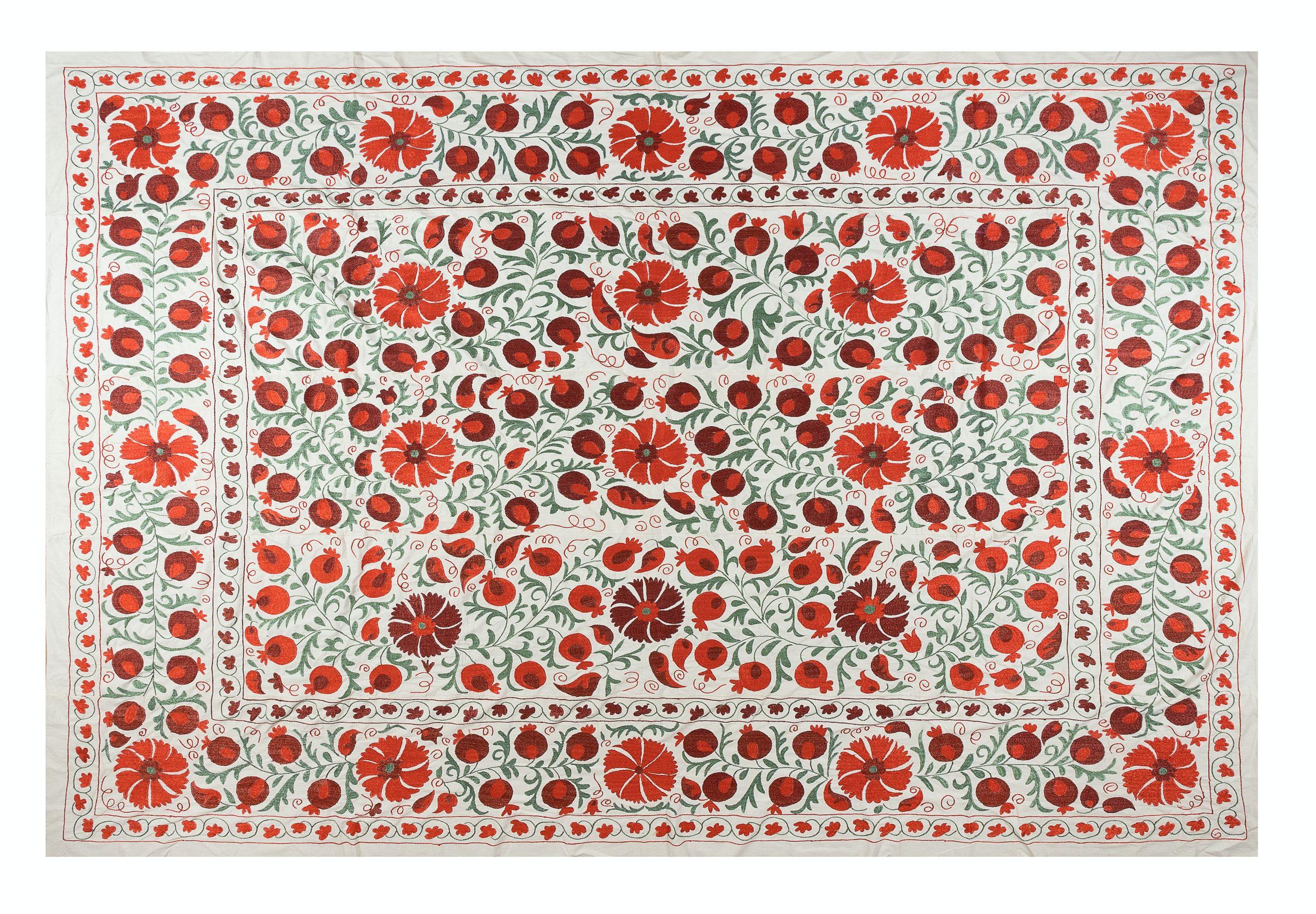 Contemporary 8x9.9 Ft Decorative Uzbek Bedspread, Silk Hand Embroidery Suzani Wall Hanging For Sale