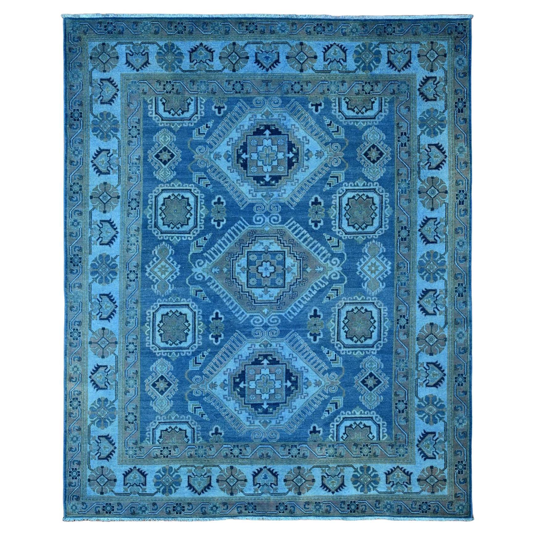 8'x9'9" Alfombra Oriental de Lana Azul Imperial Sobreteñida Kazak Anudada a Mano