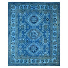 8'x9'9" Alfombra Oriental de Lana Azul Imperial Sobreteñida Kazak Anudada a Mano