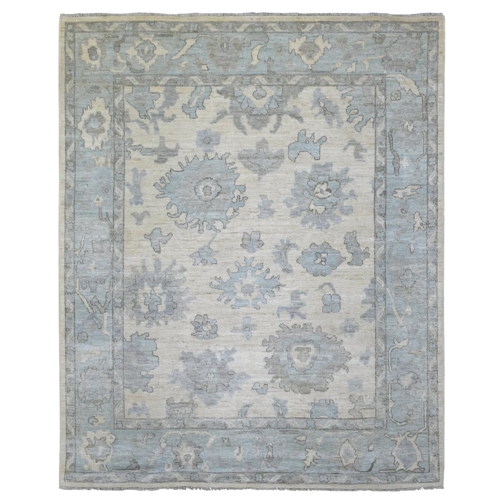 8'x9'9" Ivory Hand Knotted Afghan Angora Oushak with Leaf Design Soft Wool Rug