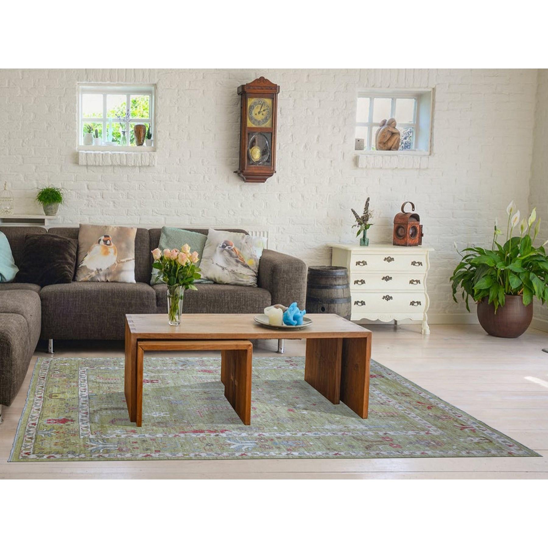 This is a truly genuine one-of-a-kind Lime Green, Afghan Angora Ushak with Cypress and Willow Tree Design, Natural Wool Hand Knotted, Oriental Rug. It has been Knotted for months and months in the centuries-old weaving craftsmanship techniques by