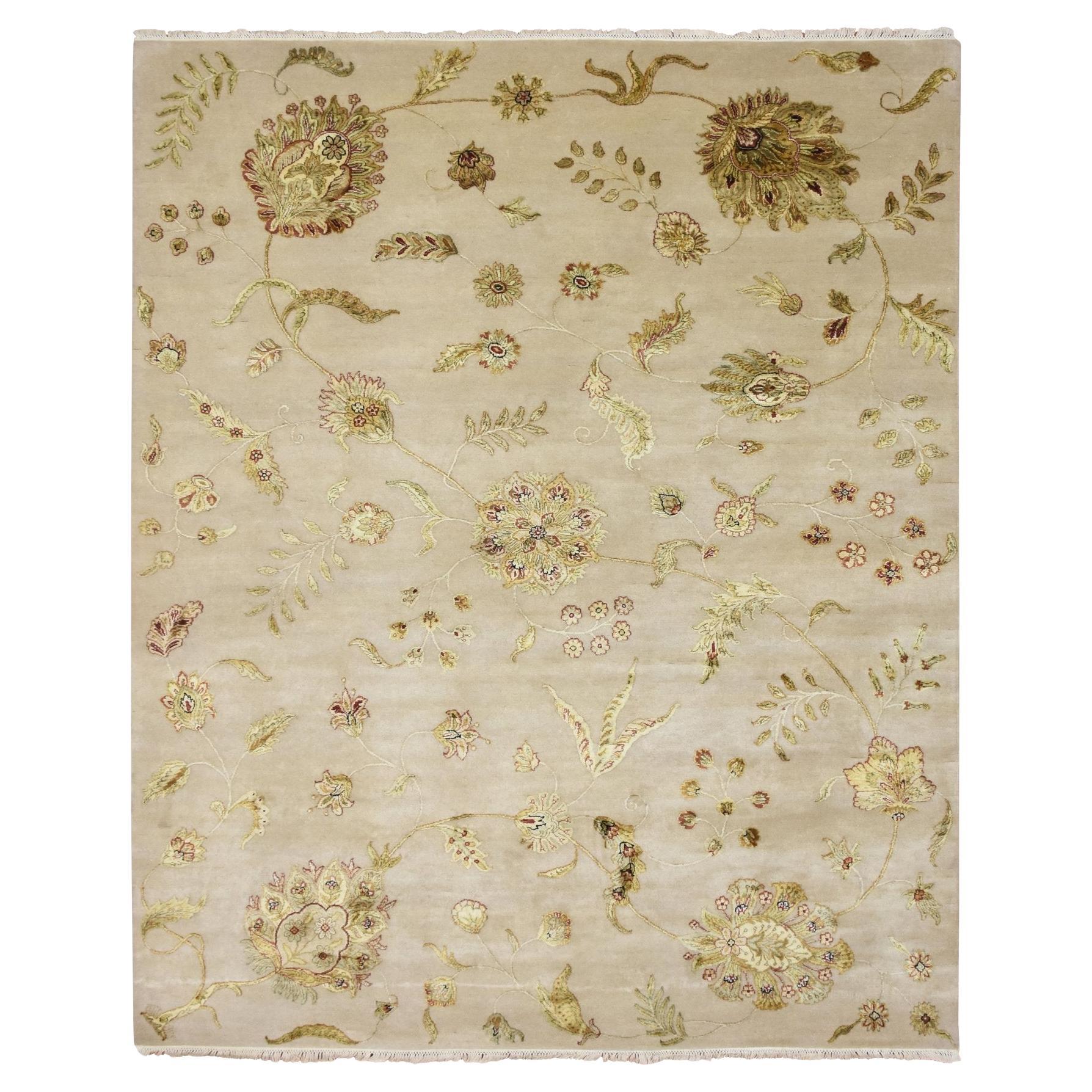 8'x9'9" Leinen Weißer handgeknüpfter orientalischer Teppich mit botanischem Design aus Wolle und Seide in Weiß im Angebot