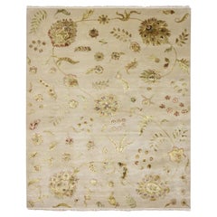 8'x9'9" Leinen Weißer handgeknüpfter orientalischer Teppich mit botanischem Design aus Wolle und Seide in Weiß