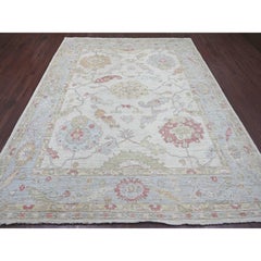 8'x9'9" Pearl White Afghan Angora Oushak Leaf Design Hand Knotted Wool Rug