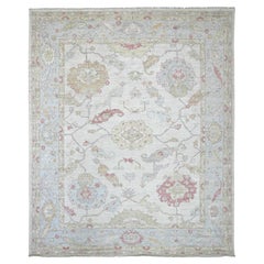 8'x9'9" Pearl White Afghan Angora Oushak Leaf Design Hand Knotted Wool Rug