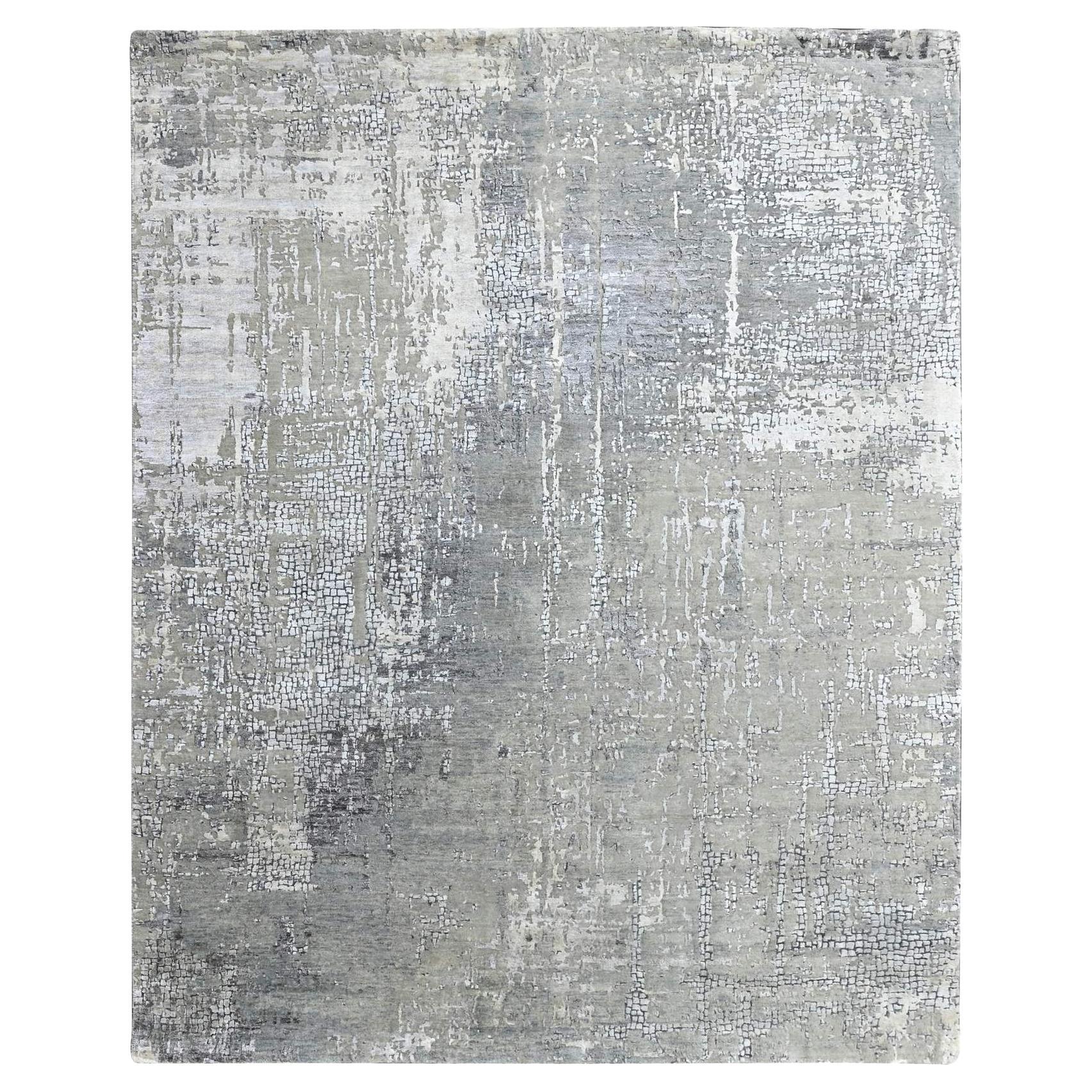 8'x9'9" Silbergrau Wolle & Seide Abstrakt mit Mosaik Design Handgeknüpfter Teppich