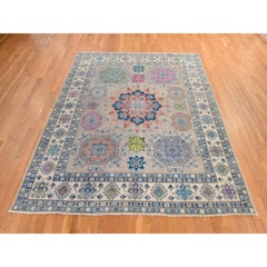 8'x9'9" Warm Taupe Fusion Kazak with Flower Medallion Hand Knotted Wool Rug