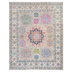 8'x9'9" Warm Taupe Fusion Kazak with Flower Medallion Hand Knotted Wool Rug