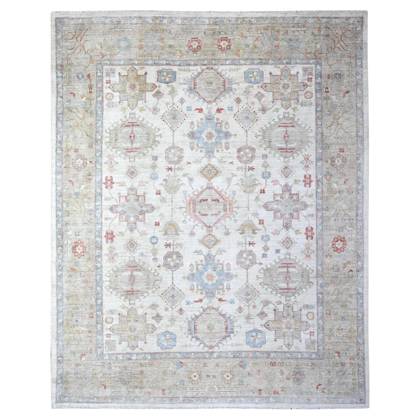 8'x9'9" White Hand Knotted Wool Finer Peshawar with Karajeh Design Oriental Rug