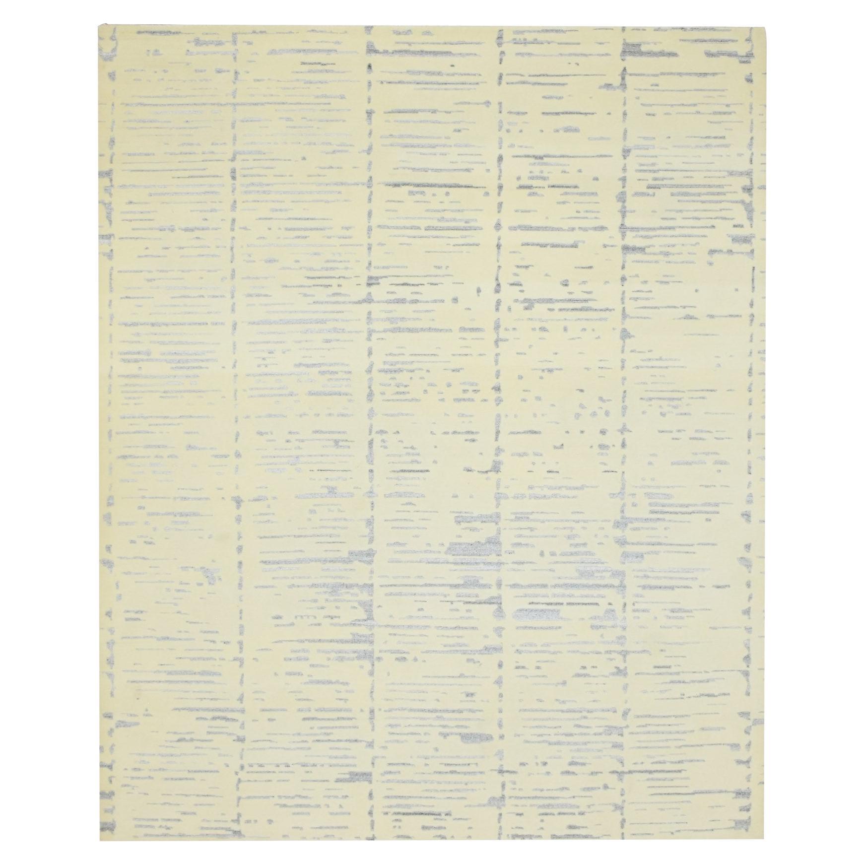 8'x9'9" Weißer, moderner, handgeknüpfter Teppich aus Wolle und Seide mit strukturiertem Gewebe in Weiß