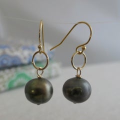 9-10mm Cultured Freshwater Olive Green Pearl Gold Filled Drop Dangle Earrings