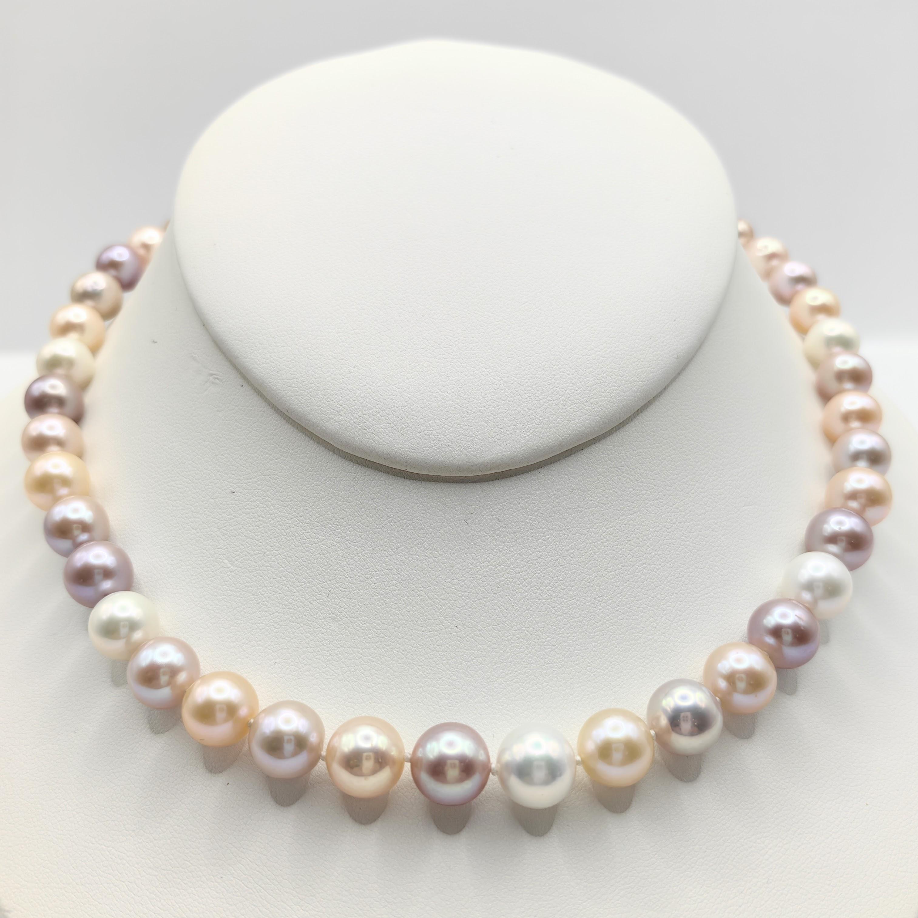 Women's or Men's 9-10mm Candy Pastel Multi-Color Round Pearl Necklace with 18K Gold Clasp For Sale