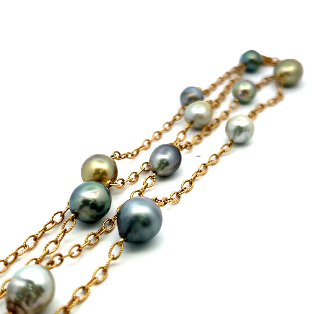 Collar de eslabones de oro amarillo de 18 quilates con perlas multicolor de 9-11,7 MM en venta 3