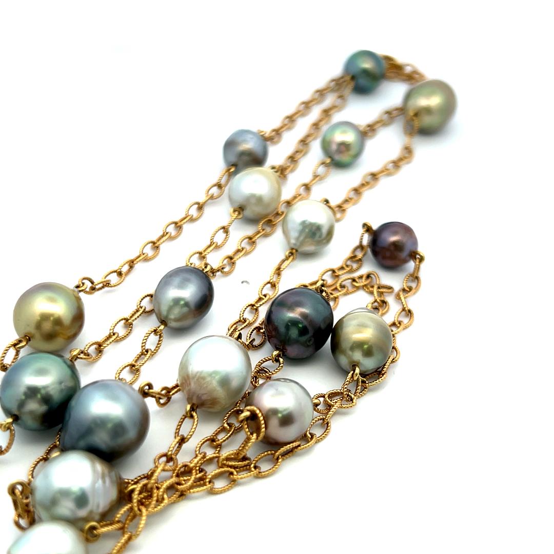 Collar de eslabones de oro amarillo de 18 quilates con perlas multicolor de 9-11,7 MM en venta 4