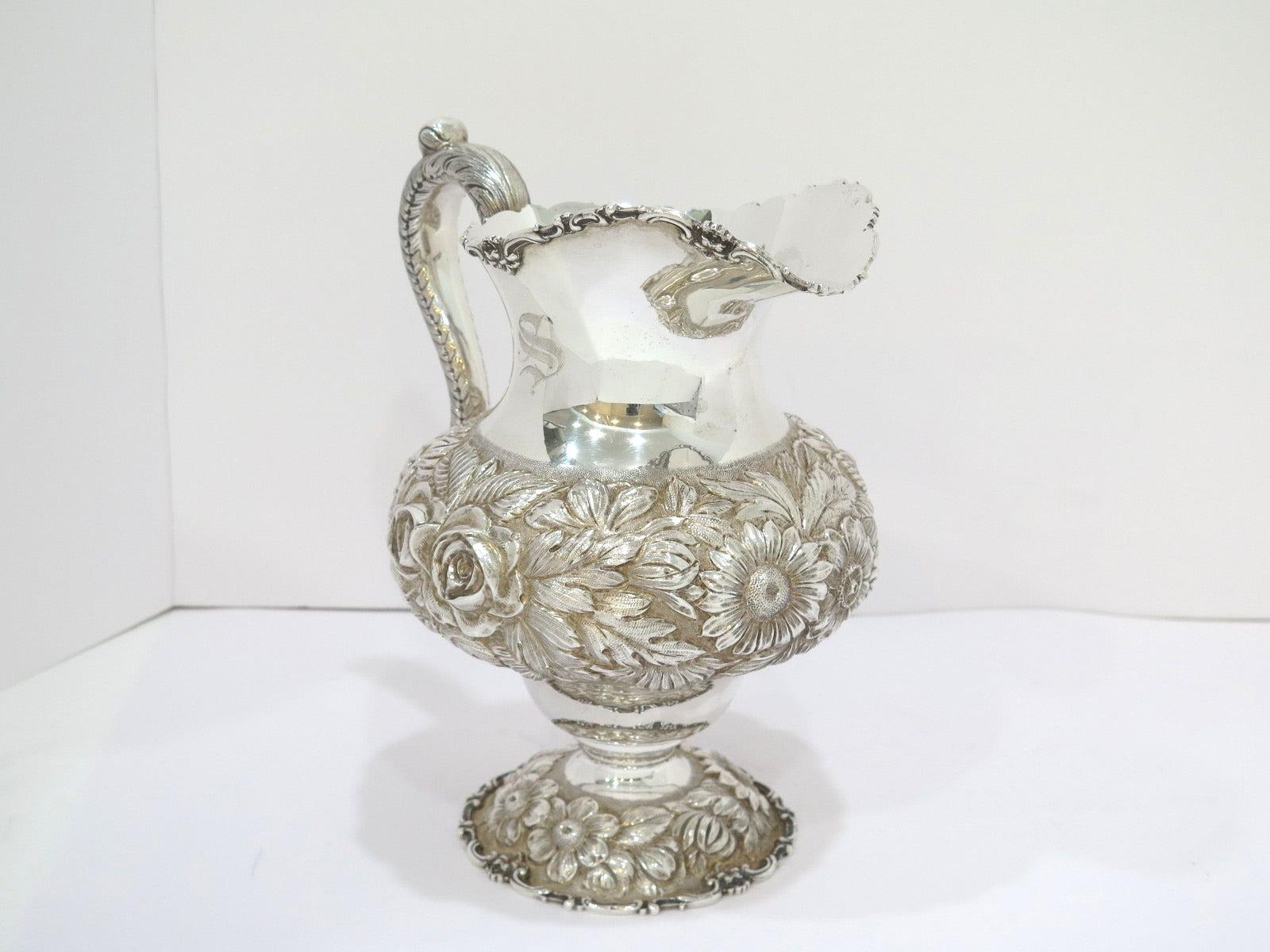 Repoussé 9 7/8 in - Sterling Silver Stieff Vintage Hand Chased Floral Repousse Pitcher For Sale