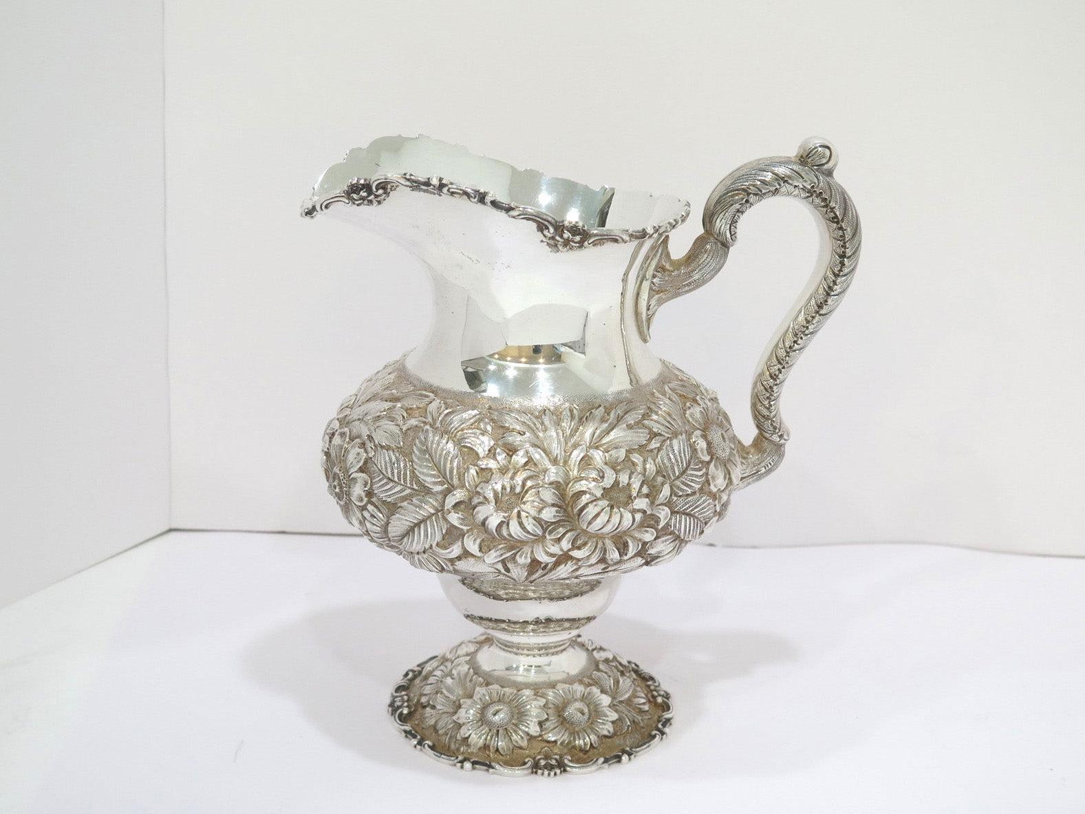 Mid-20th Century 9 7/8 in - Sterling Silver Stieff Vintage Hand Chased Floral Repousse Pitcher For Sale