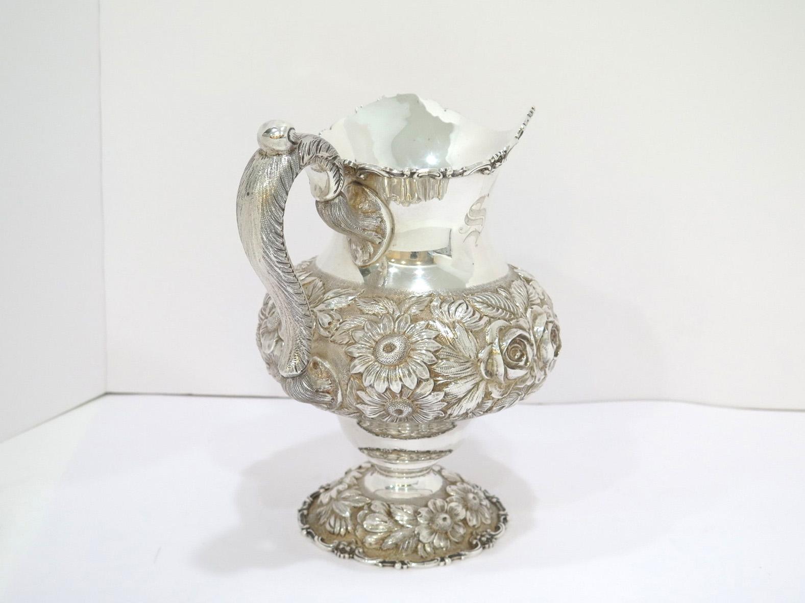 9 7/8 in - Sterling Silver Stieff Vintage Hand Chased Floral Repousse Pitcher For Sale 2
