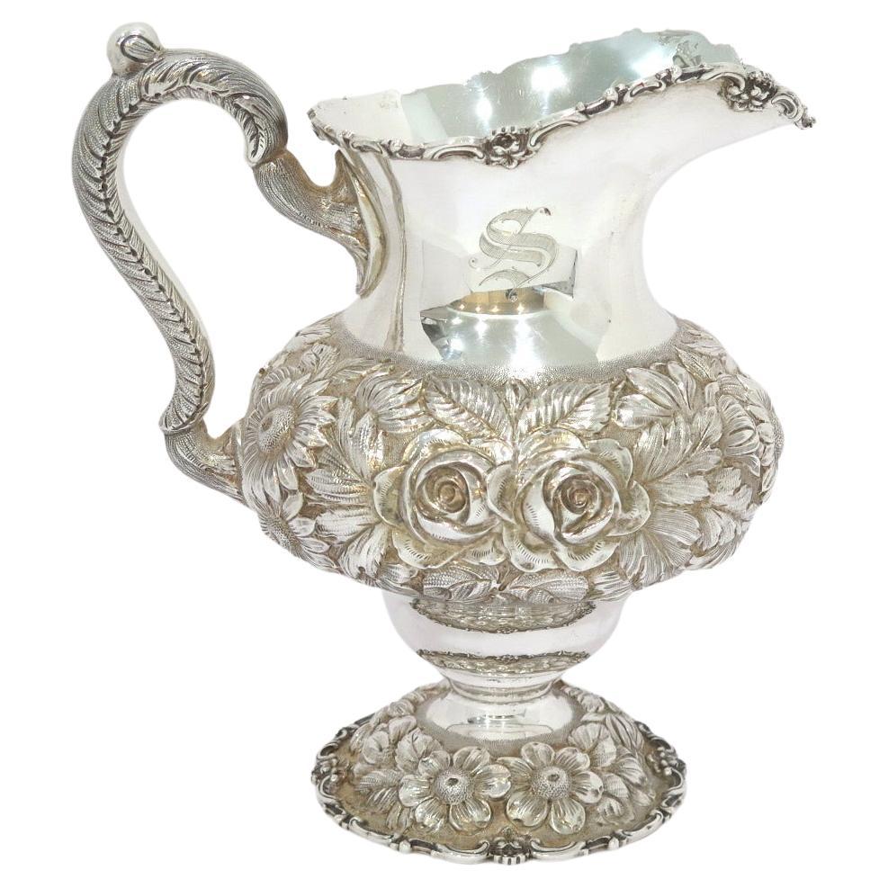 9 7/8 in - Sterling Silver Stieff Vintage Hand Chased Floral Repousse Pitcher For Sale