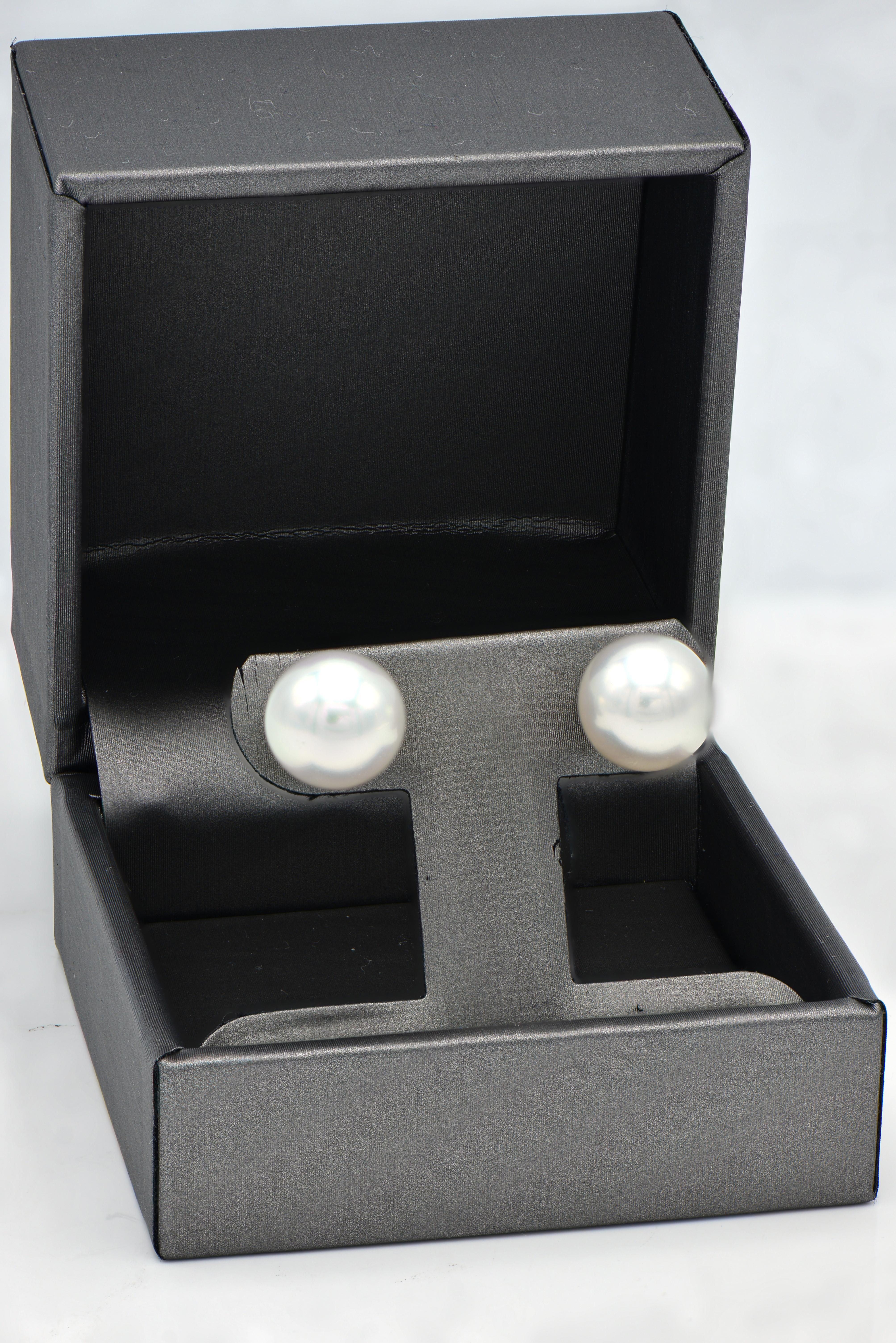Contemporary 9-9.5mm South Sea Pearl Stud Earrings with 14 Karat White Gold Post and Backs For Sale