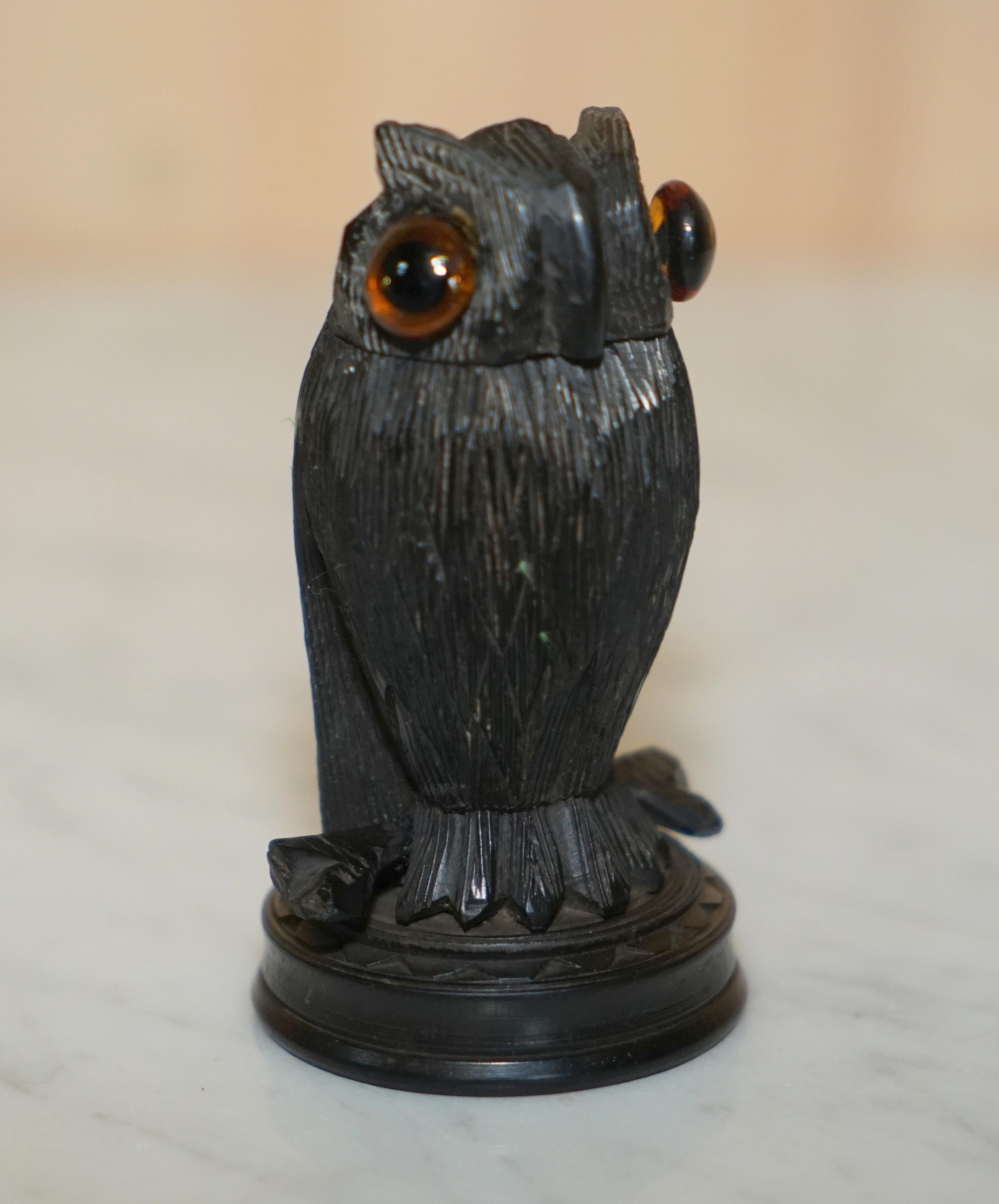 9 Antique Black Forest Wood Carved Owl Matchstick Holders Ashtray Ink Pot Candle 5