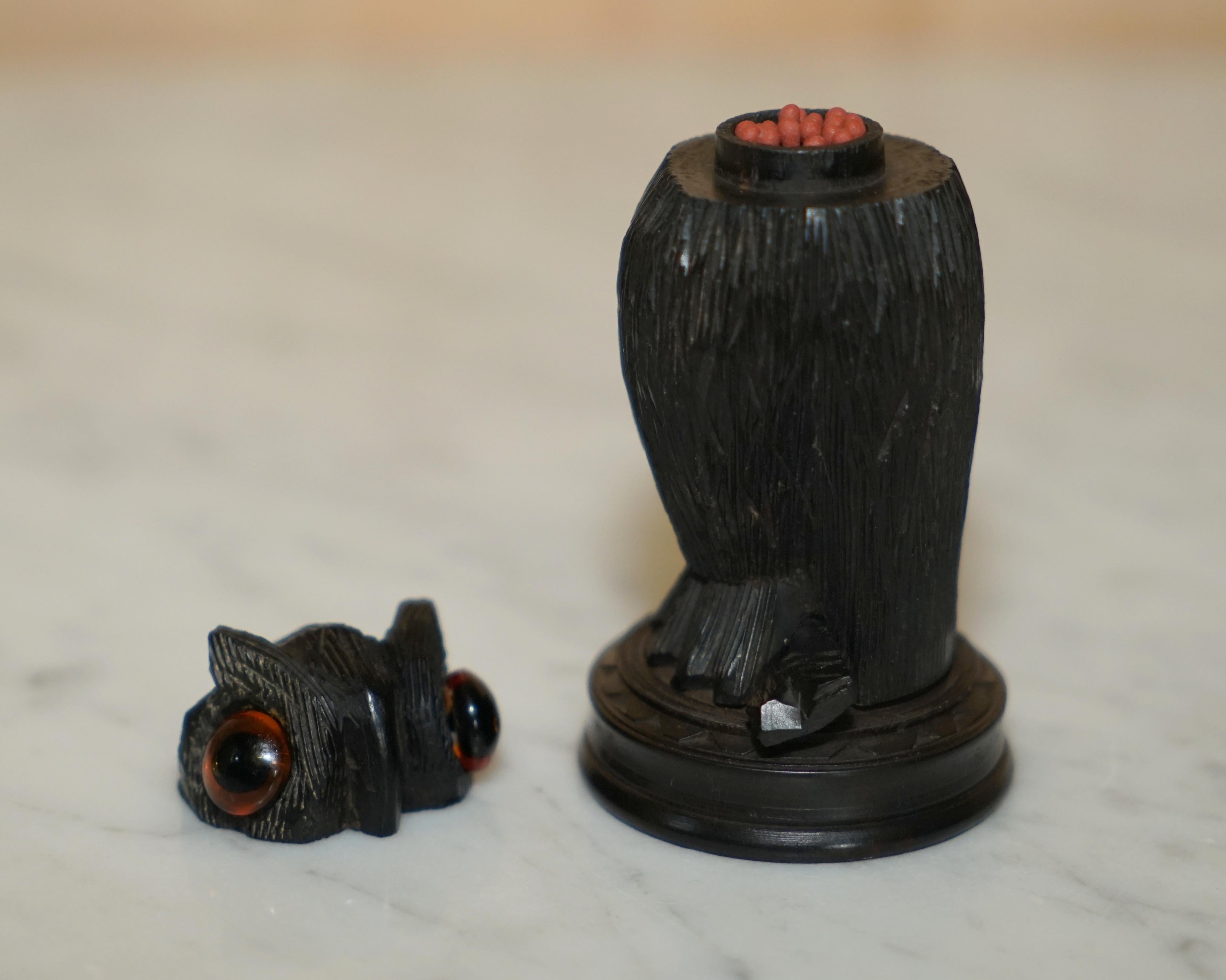 9 Antique Black Forest Wood Carved Owl Matchstick Holders Ashtray Ink Pot Candle 6