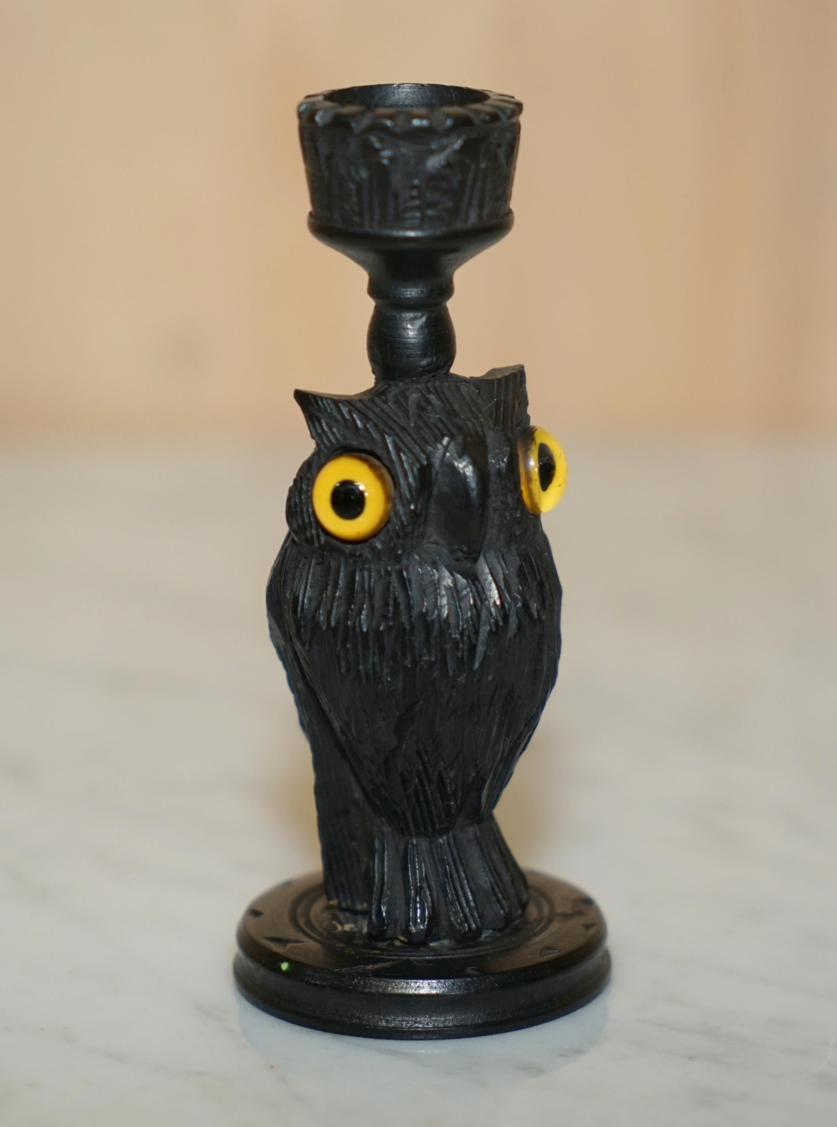 9 Antique Black Forest Wood Carved Owl Matchstick Holders Ashtray Ink Pot Candle 8