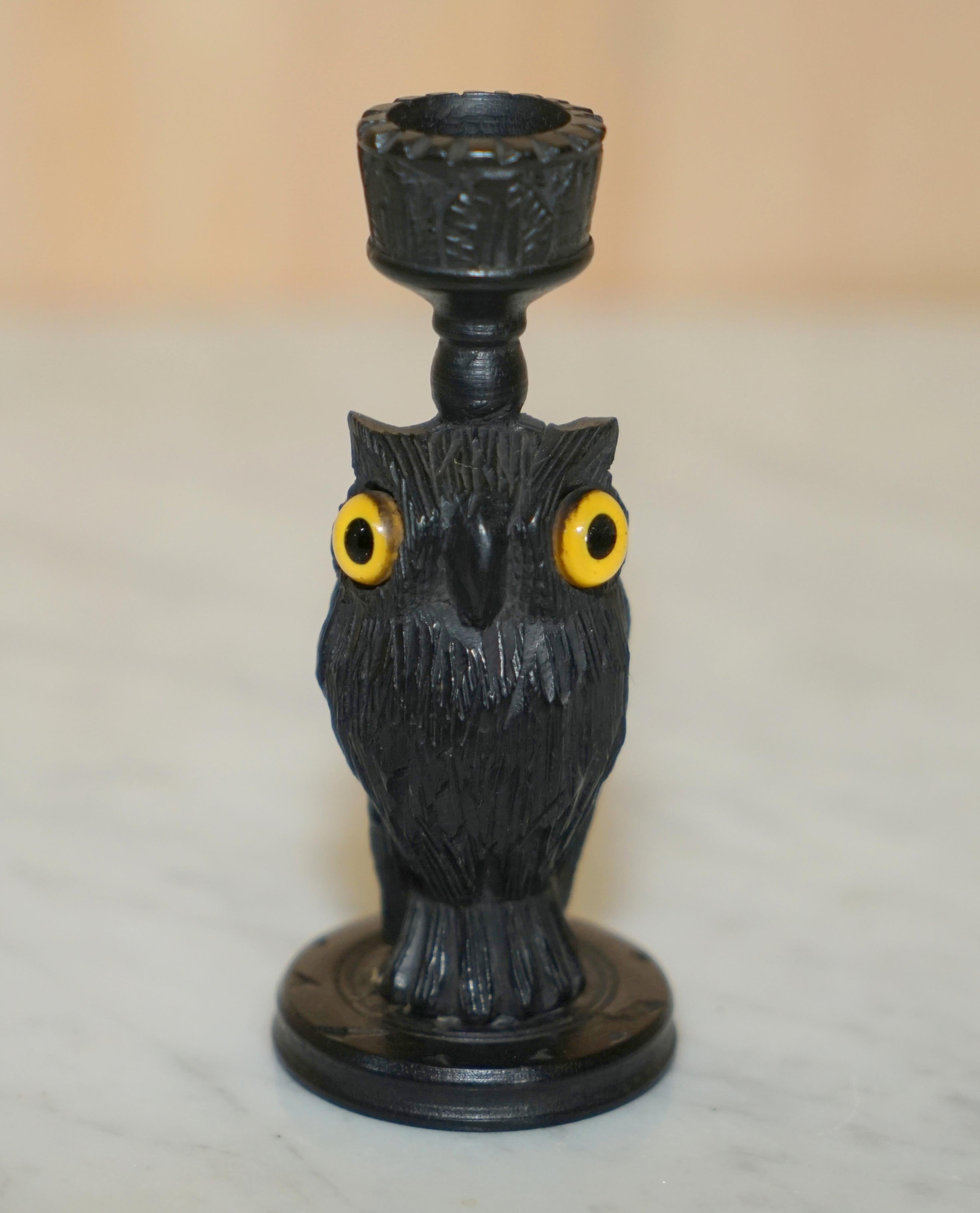 9 Antique Black Forest Wood Carved Owl Matchstick Holders Ashtray Ink Pot Candle 9