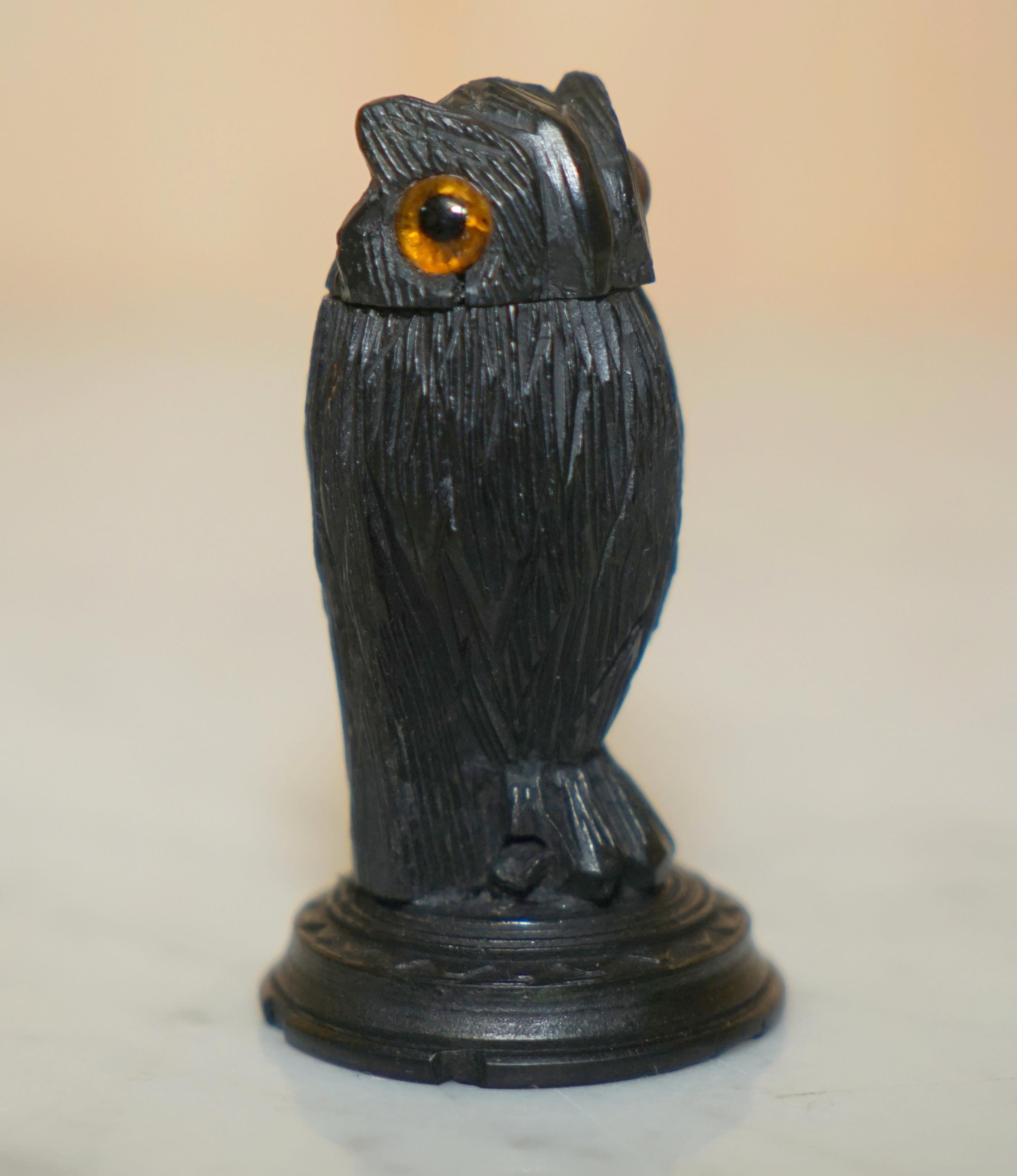 9 Antique Black Forest Wood Carved Owl Matchstick Holders Ashtray Ink Pot Candle 10