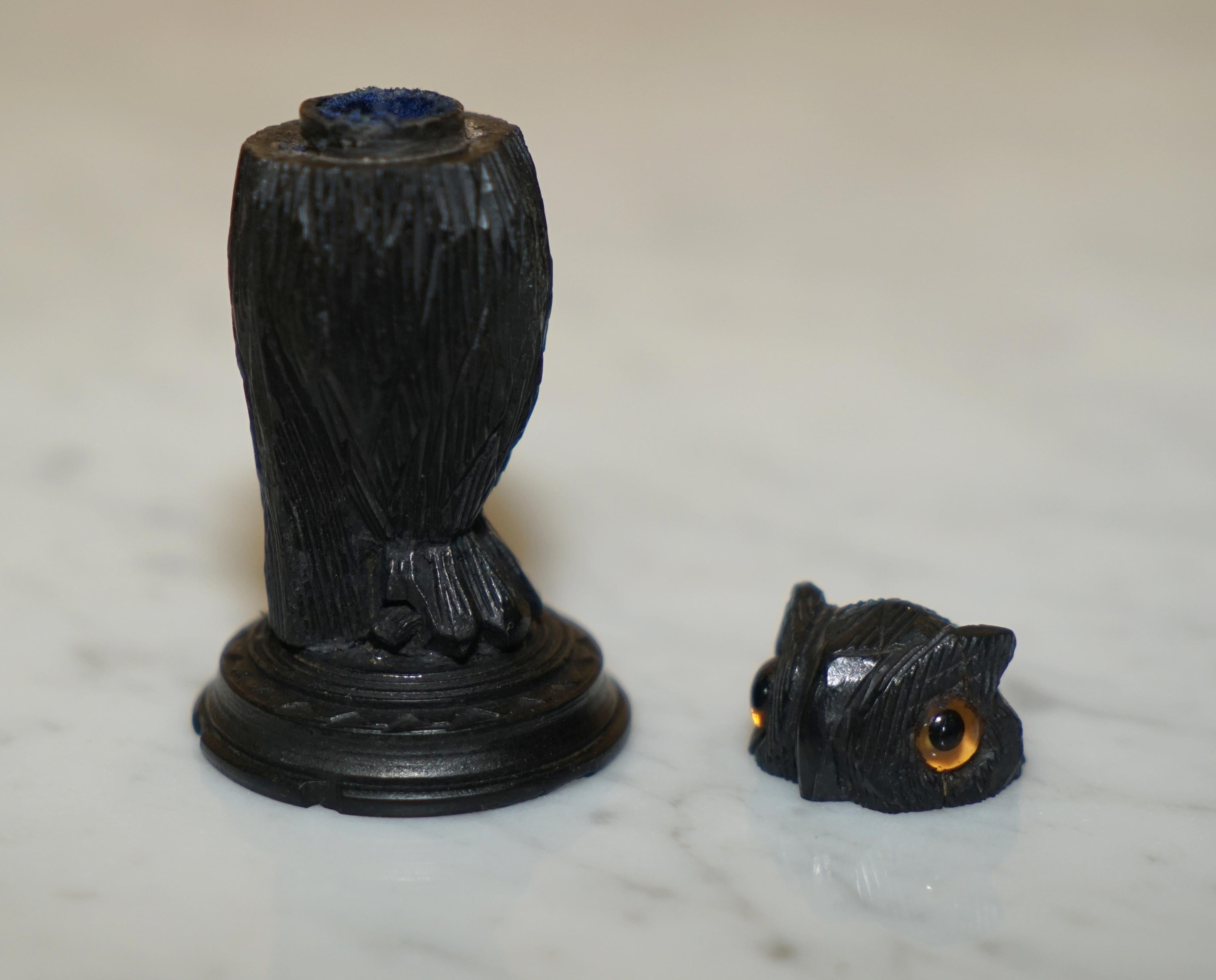 9 Antique Black Forest Wood Carved Owl Matchstick Holders Ashtray Ink Pot Candle 11
