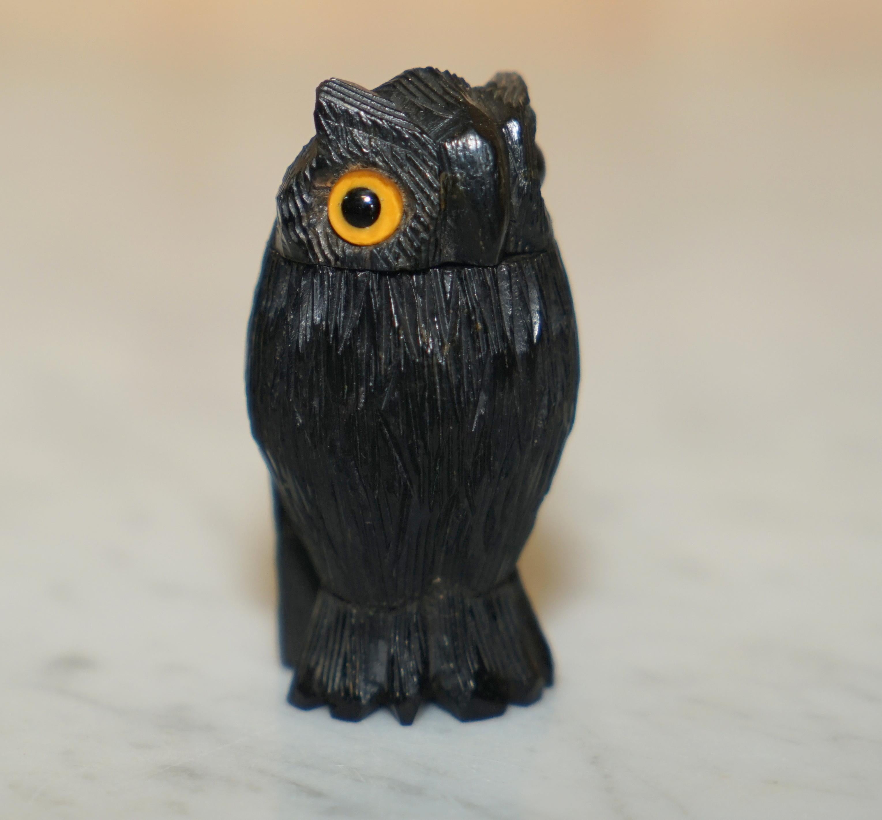 9 Antique Black Forest Wood Carved Owl Matchstick Holders Ashtray Ink Pot Candle 12