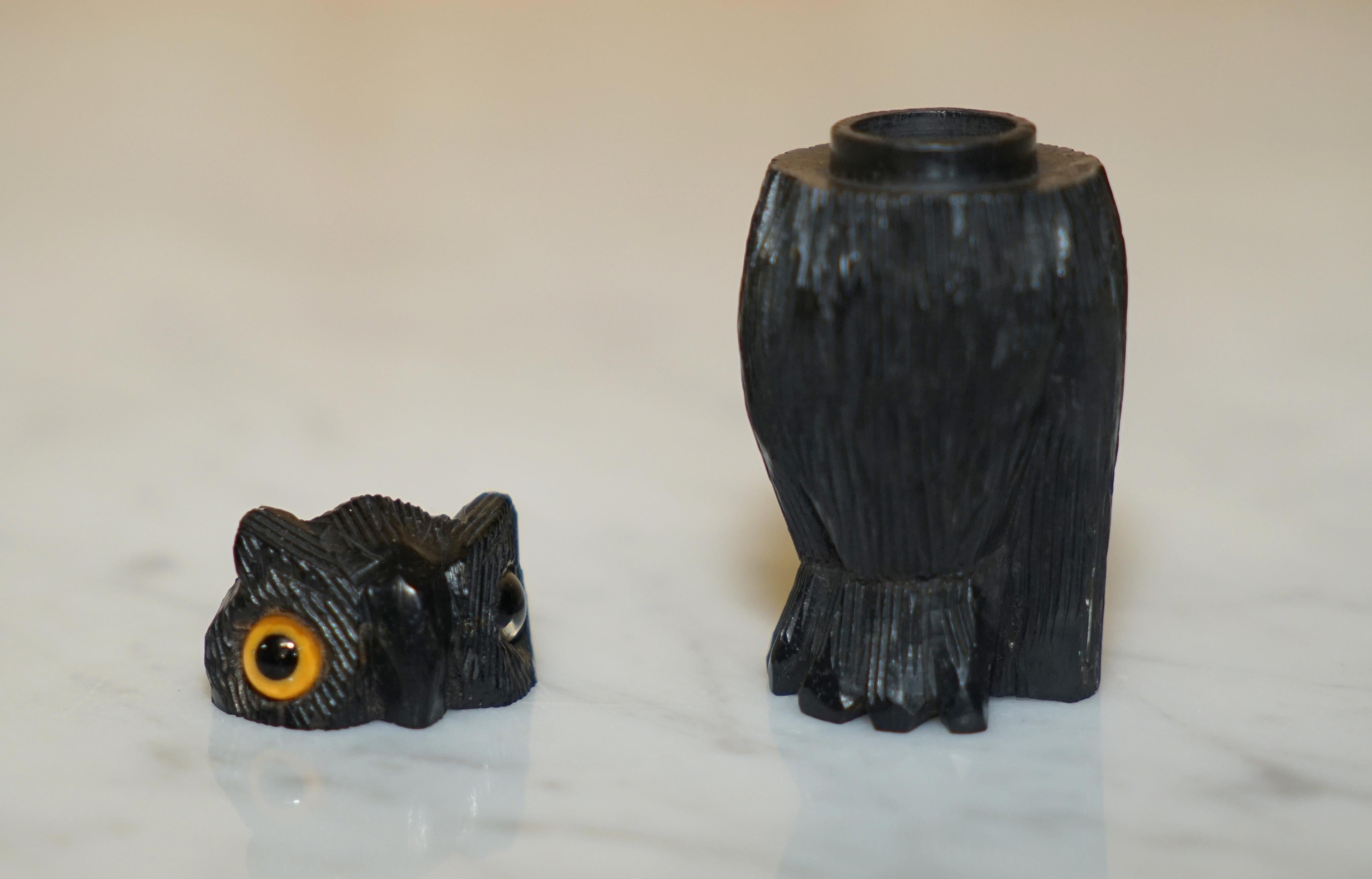 9 Antique Black Forest Wood Carved Owl Matchstick Holders Ashtray Ink Pot Candle 13