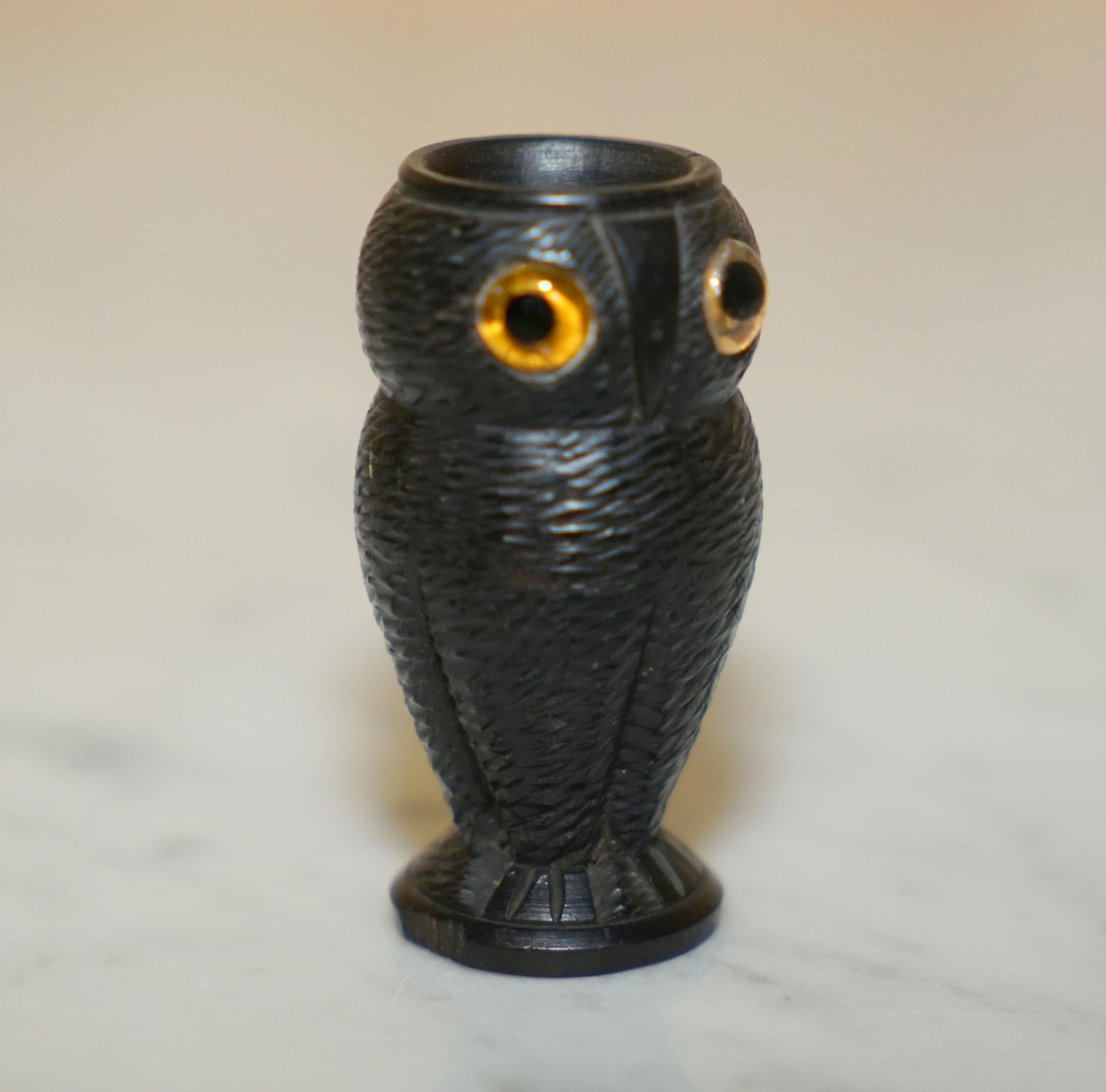 9 Antique Black Forest Wood Carved Owl Matchstick Holders Ashtray Ink Pot Candle 13