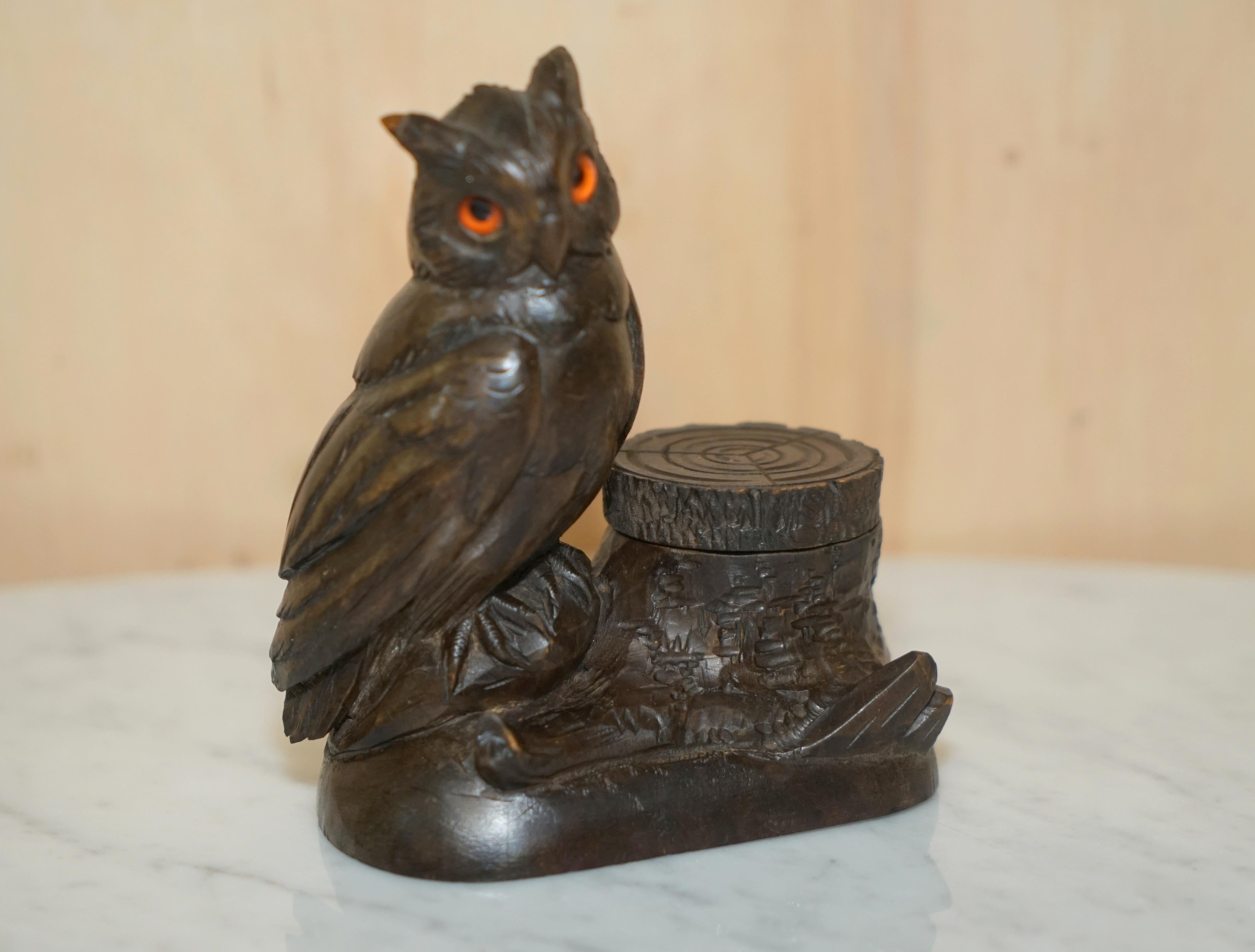 Swiss 9 Antique Black Forest Wood Carved Owl Matchstick Holders Ashtray Ink Pot Candle