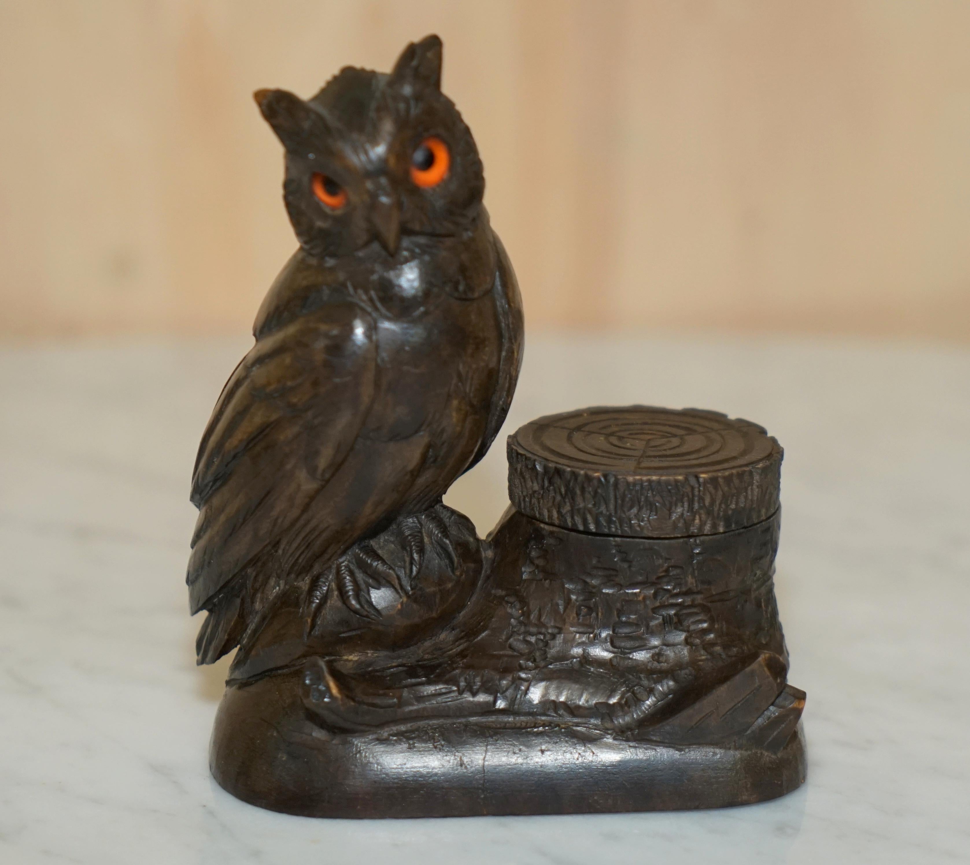 Hand-Carved 9 Antique Black Forest Wood Carved Owl Matchstick Holders Ashtray Ink Pot Candle