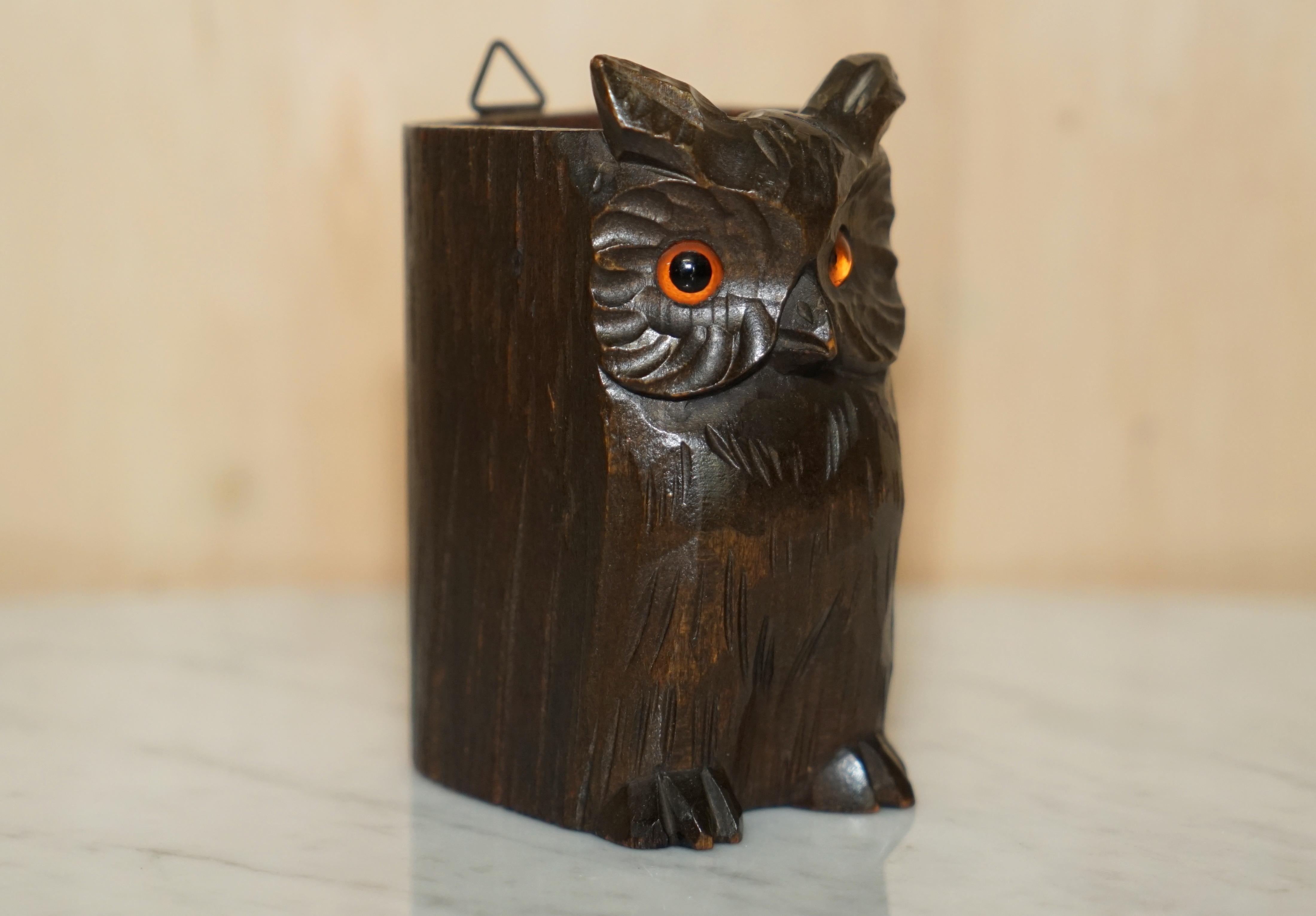 20th Century 9 Antique Black Forest Wood Carved Owl Matchstick Holders Ashtray Ink Pot Candle