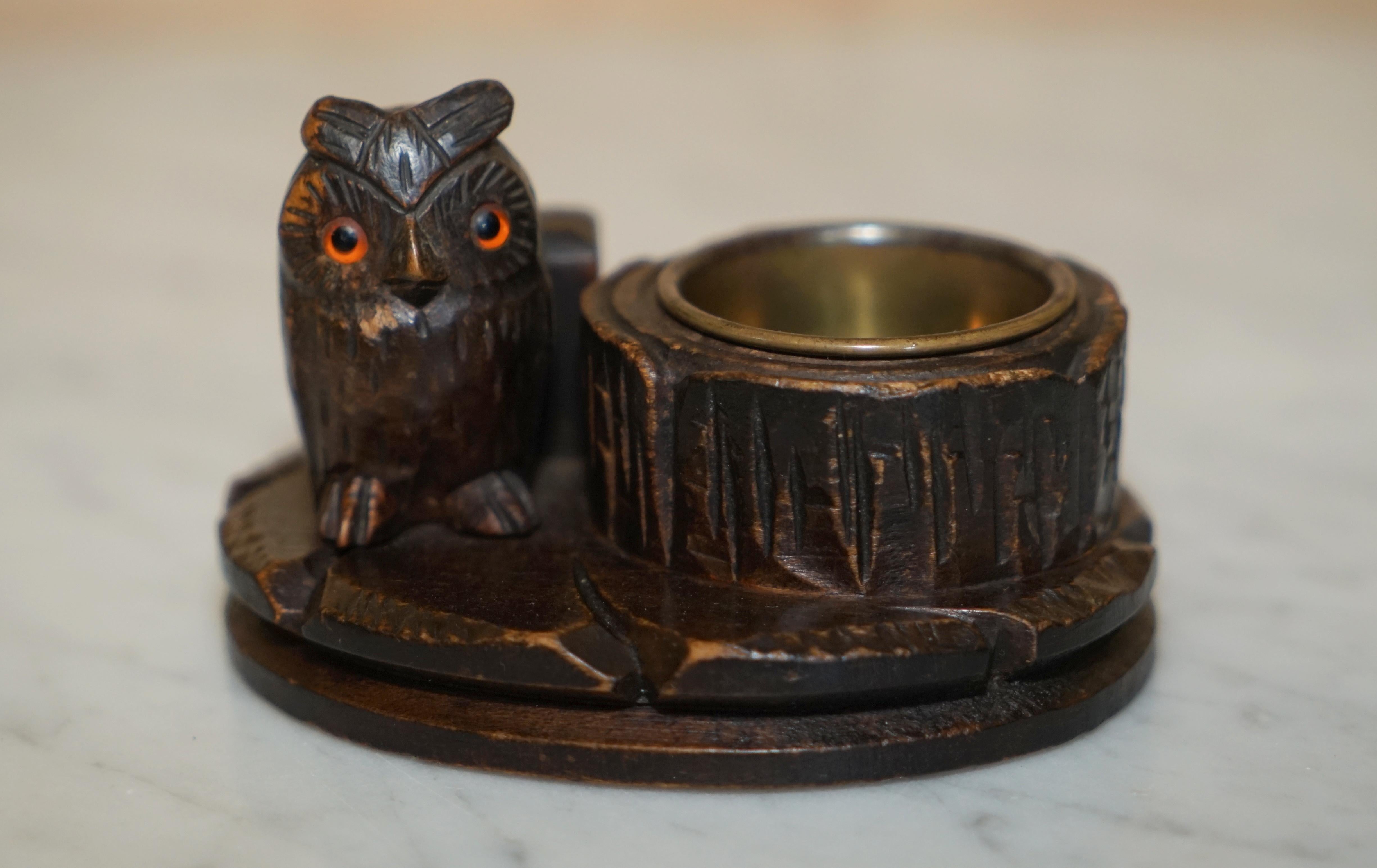 9 Antique Black Forest Wood Carved Owl Matchstick Holders Ashtray Ink Pot Candle 2