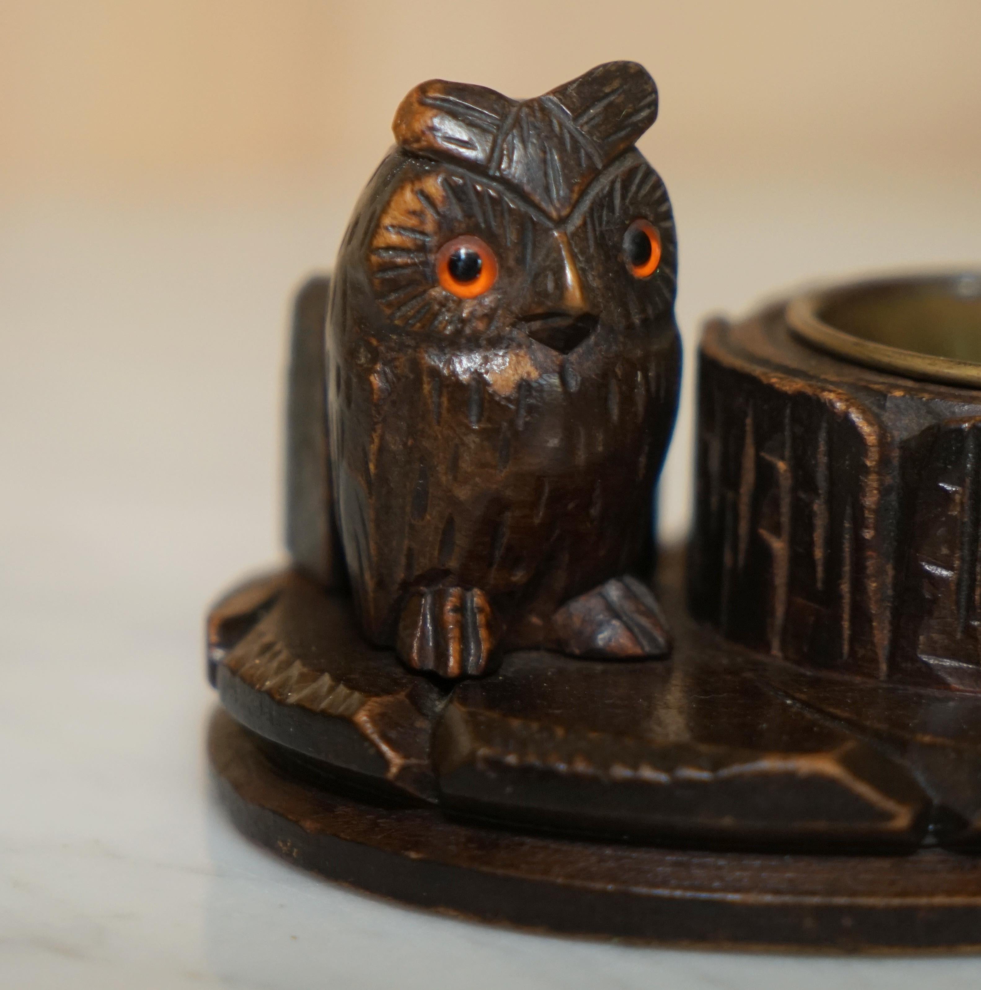 9 Antique Black Forest Wood Carved Owl Matchstick Holders Ashtray Ink Pot Candle 3