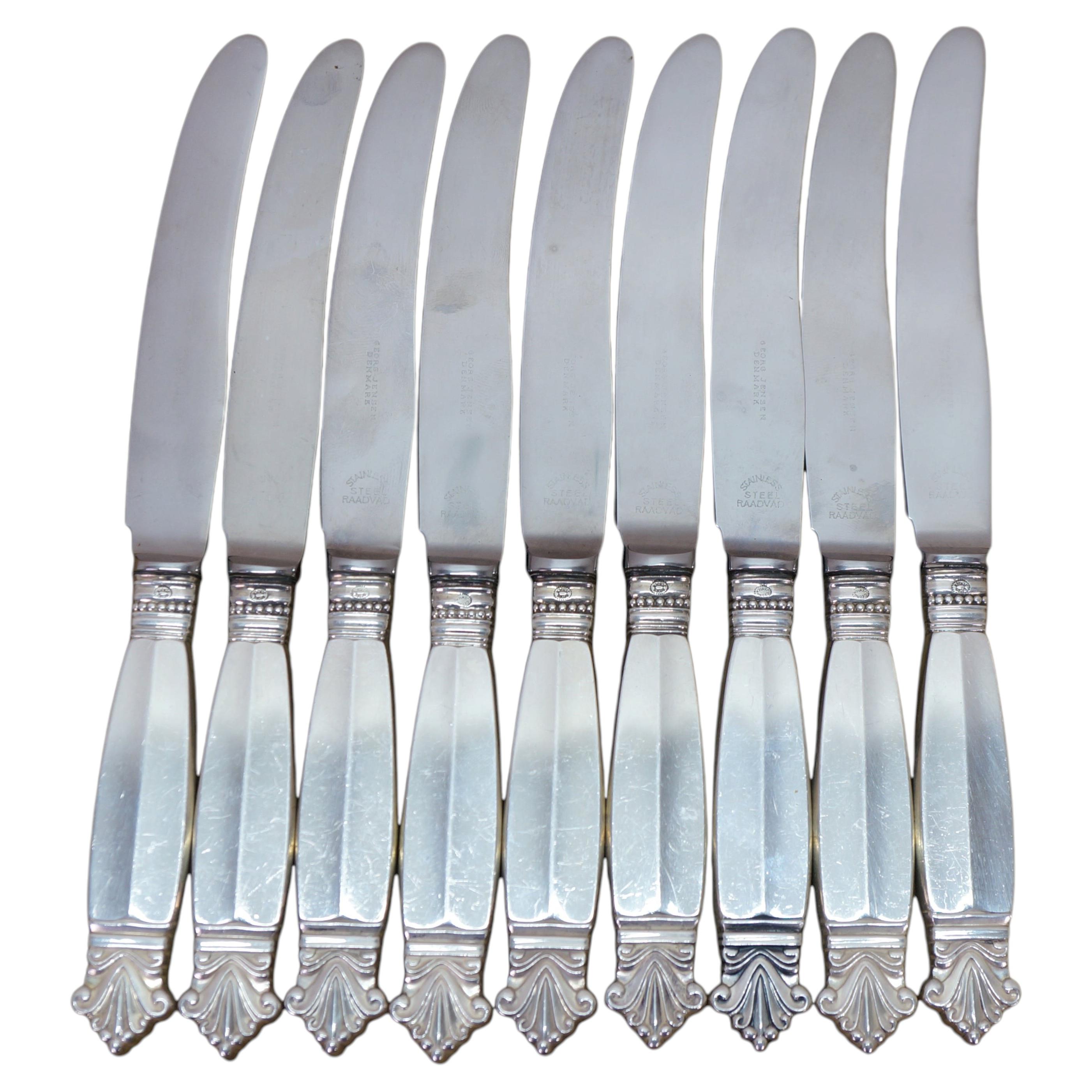 9 Antique Danish Georg Jensen Acanthus Dronning Sterling Silver Knives 6.5"
