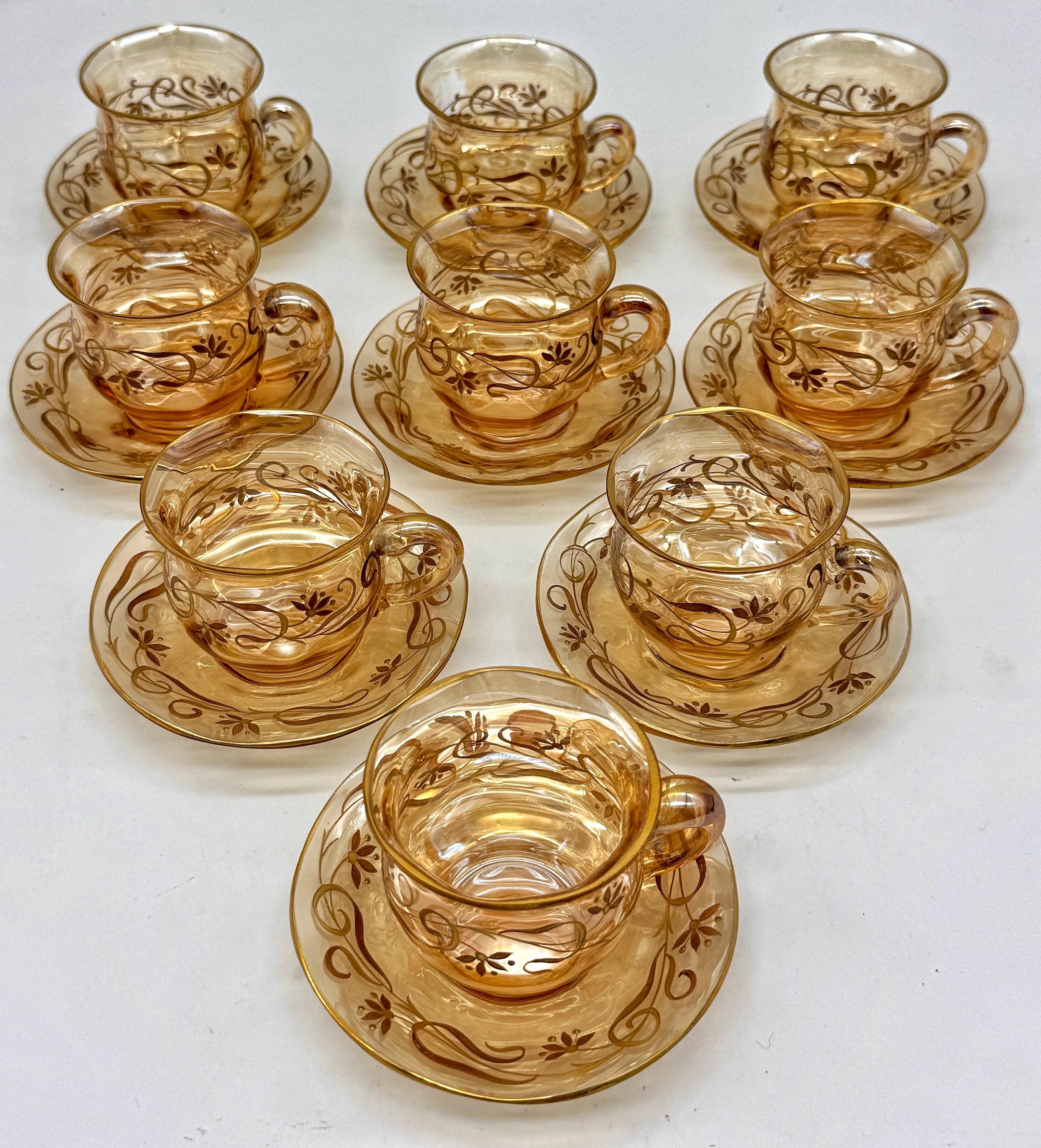 9 Art Nouveau Citrin vergoldet Emaille Kristall Demitasse Tassen & Untertassen, Atrib. Moser im Angebot 4