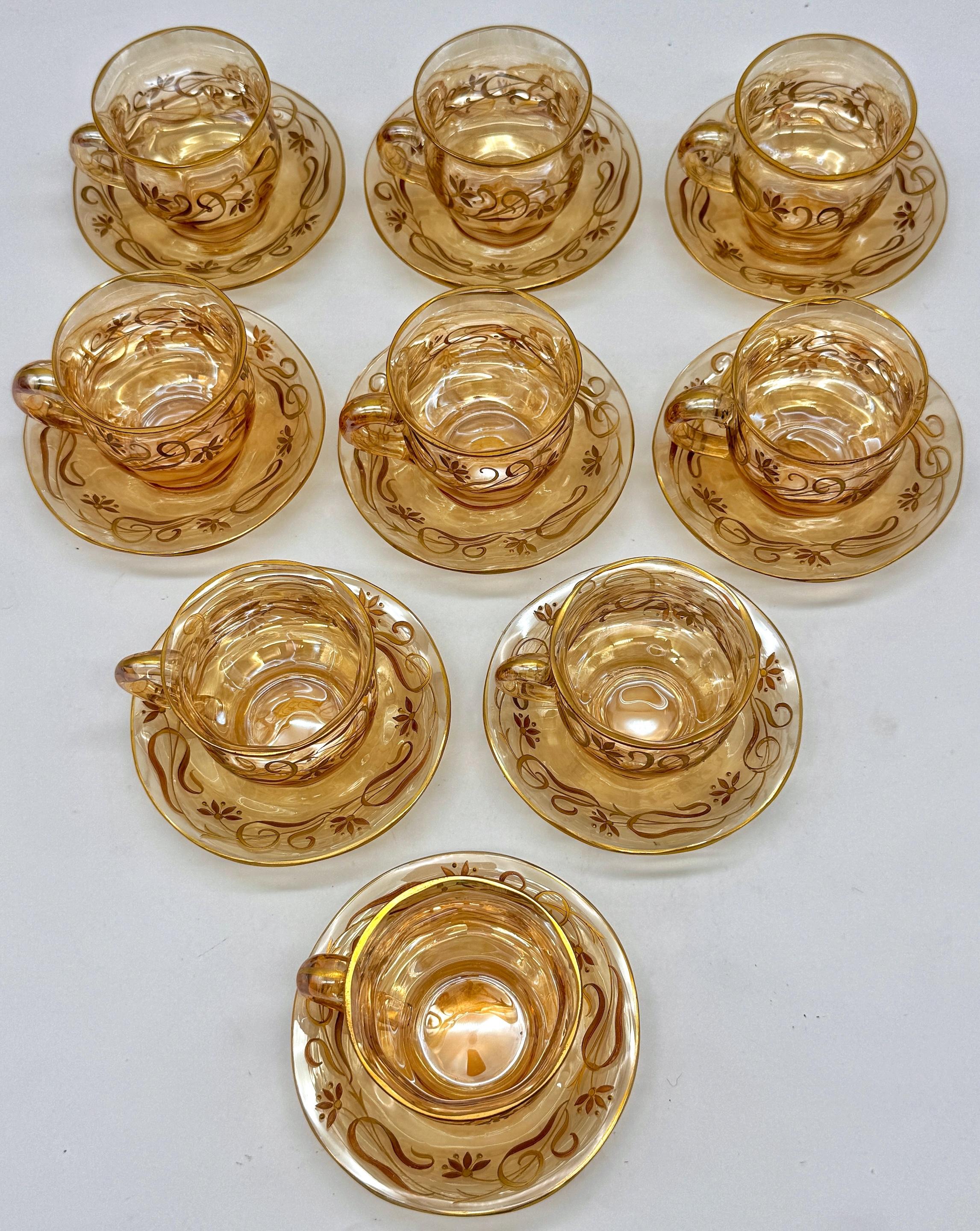 9 Art Nouveau Citrin vergoldet Emaille Kristall Demitasse Tassen & Untertassen, Atrib. Moser (Österreichisch) im Angebot