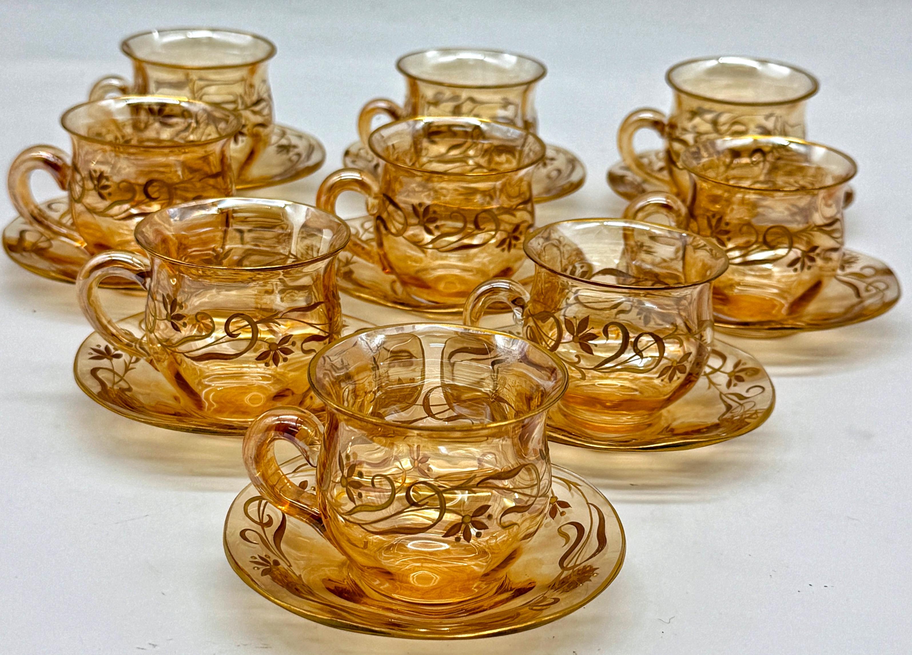 9 Art Nouveau Citrin vergoldet Emaille Kristall Demitasse Tassen & Untertassen, Atrib. Moser (Emailliert) im Angebot