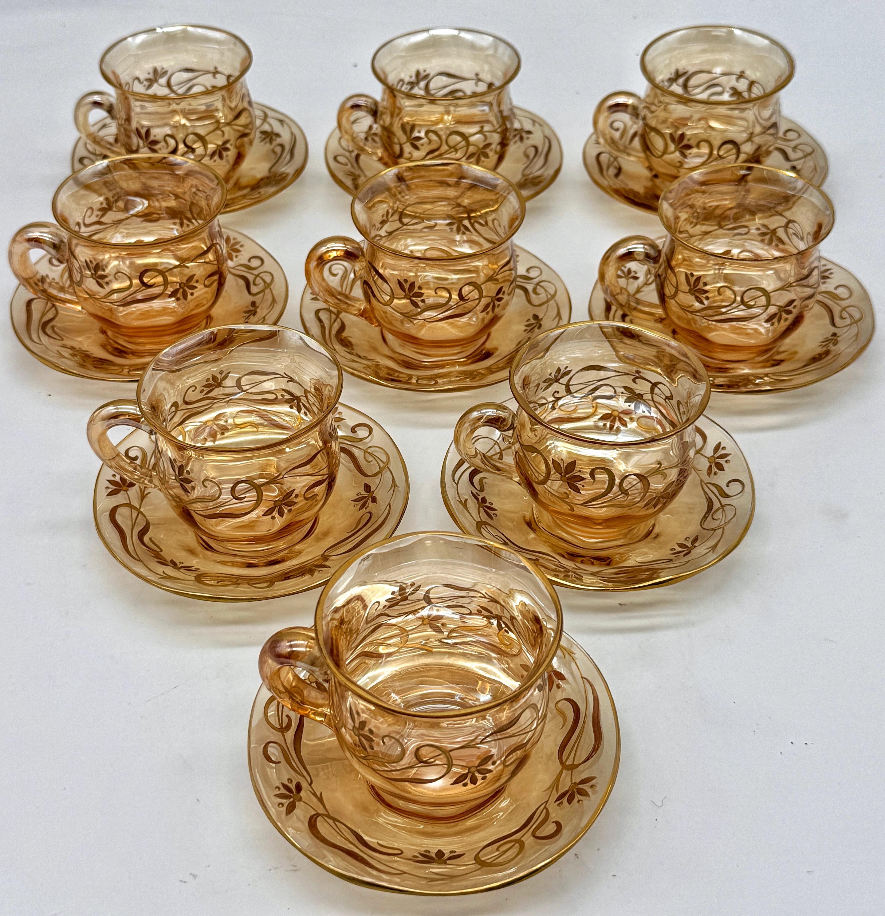 9 Art Nouveau Citrin vergoldet Emaille Kristall Demitasse Tassen & Untertassen, Atrib. Moser im Zustand „Gut“ im Angebot in West Palm Beach, FL