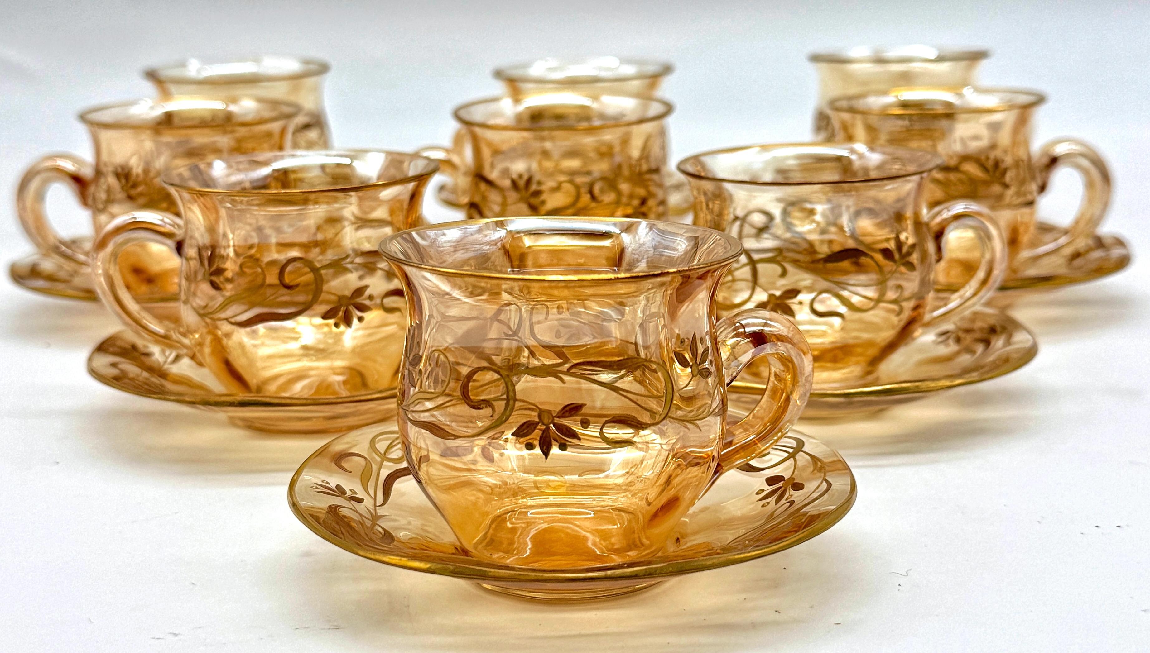 9 Art Nouveau Citrin vergoldet Emaille Kristall Demitasse Tassen & Untertassen, Atrib. Moser im Angebot 1