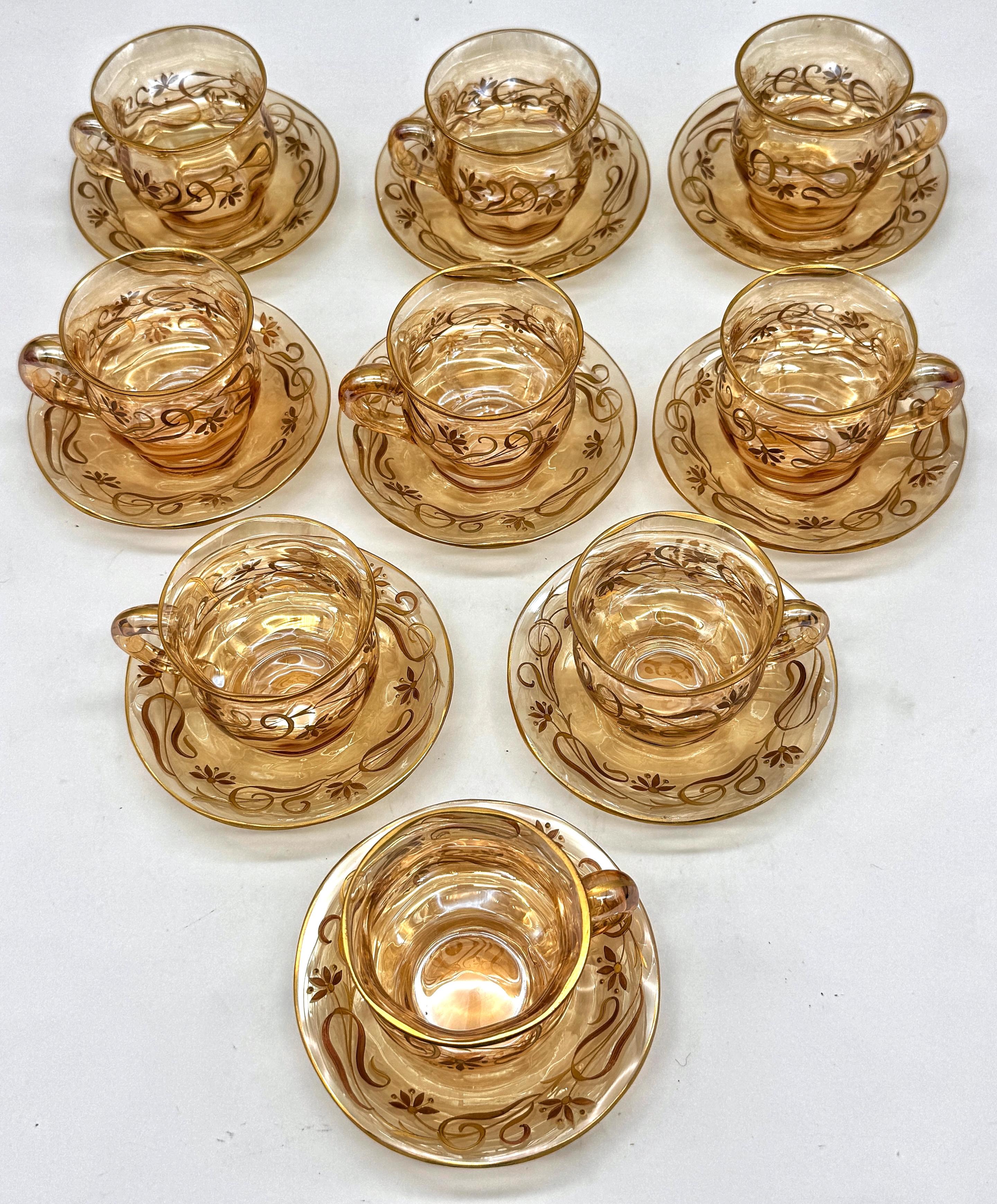 9 Art Nouveau Citrin vergoldet Emaille Kristall Demitasse Tassen & Untertassen, Atrib. Moser im Angebot 2