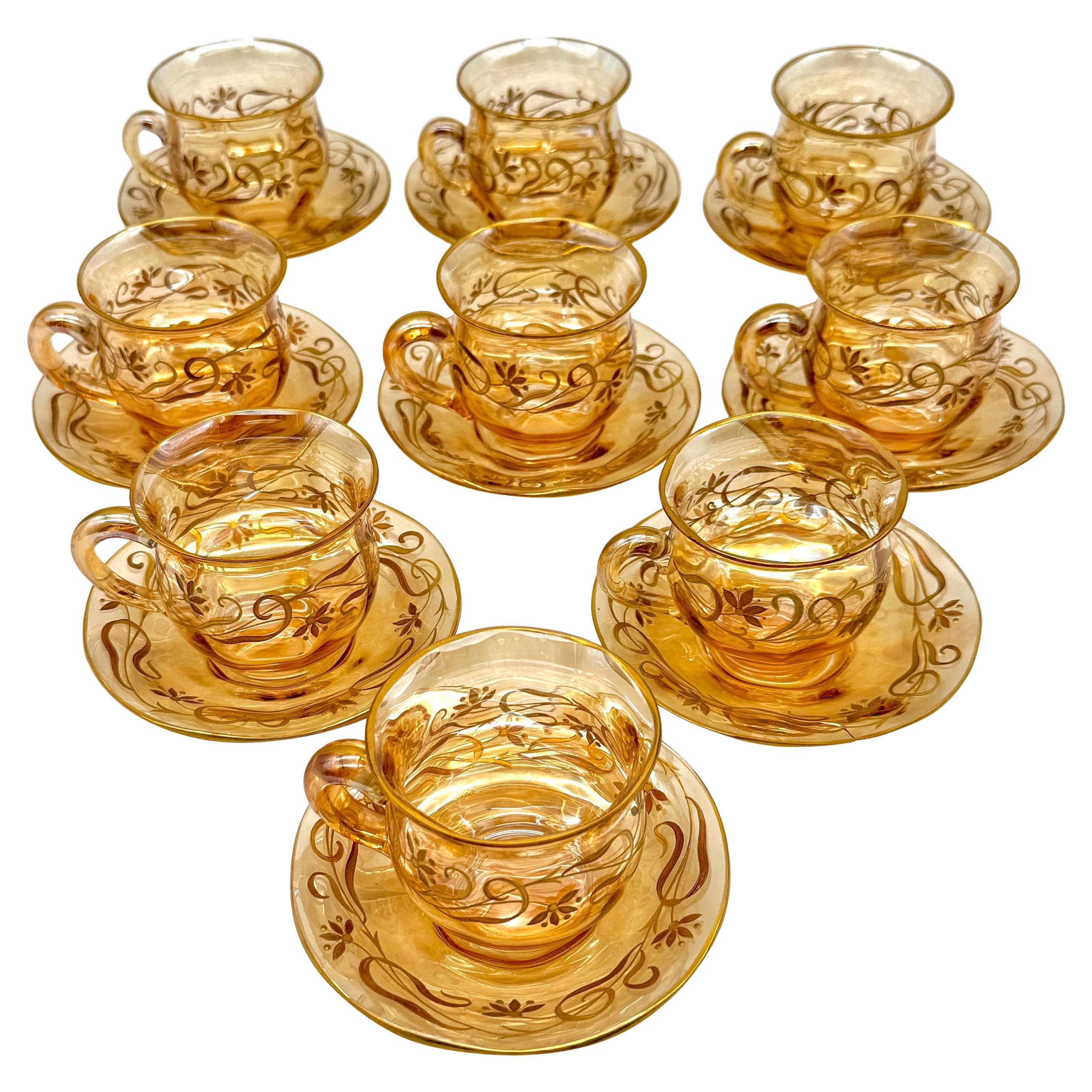 9 Art Nouveau Citrin vergoldet Emaille Kristall Demitasse Tassen & Untertassen, Atrib. Moser im Angebot