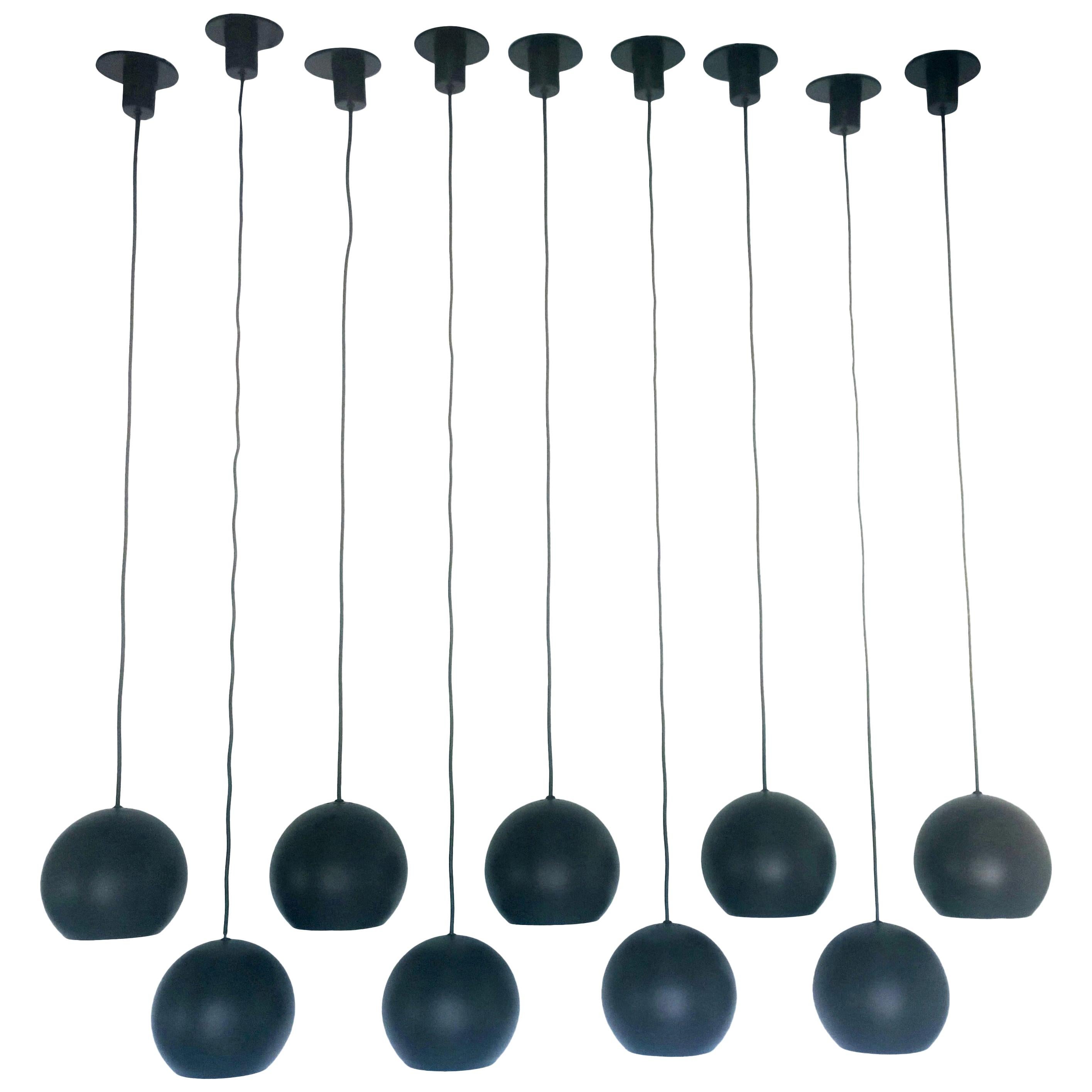 9 Stilnovo Style Black Exterior & White Interior Enameled Steel Globe Pendants For Sale