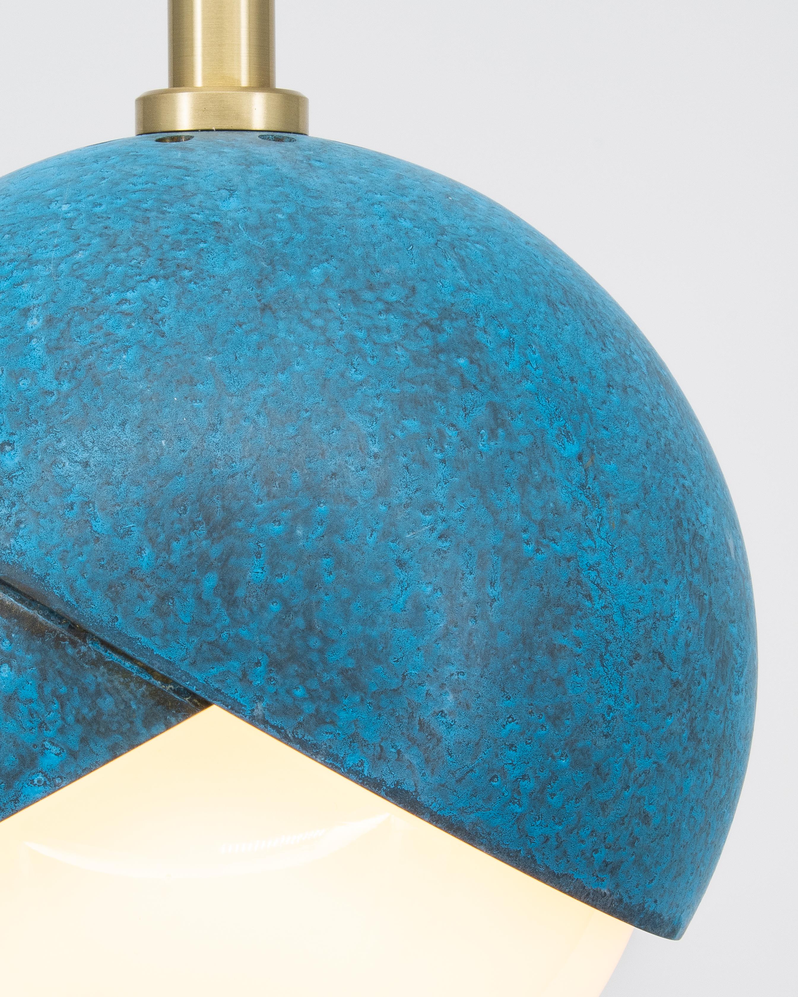 American Benedict Pendant Light, Prussian Blue, Satin Brass Details, 9in diameter  For Sale